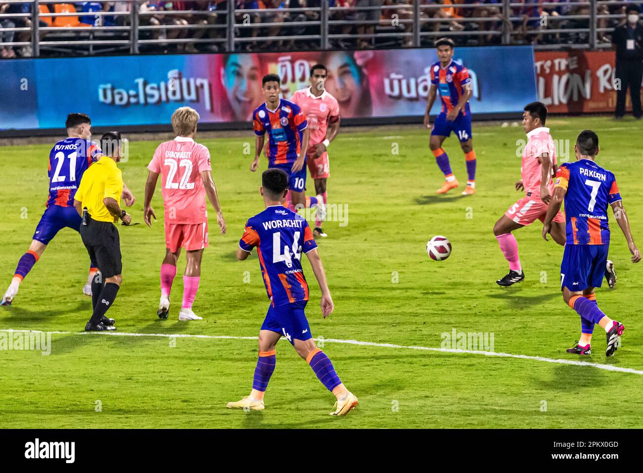 Football action during Thai league match at PAT stadium, Klong Toey