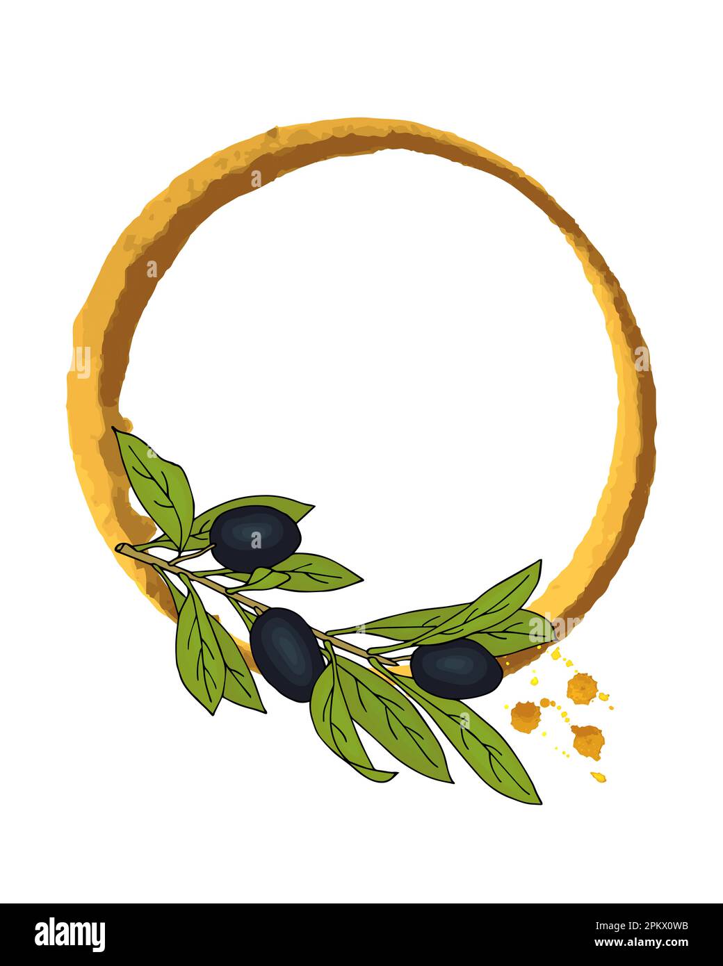 Watercolor frame with branch of black olives. Drawn by hand. For design ...