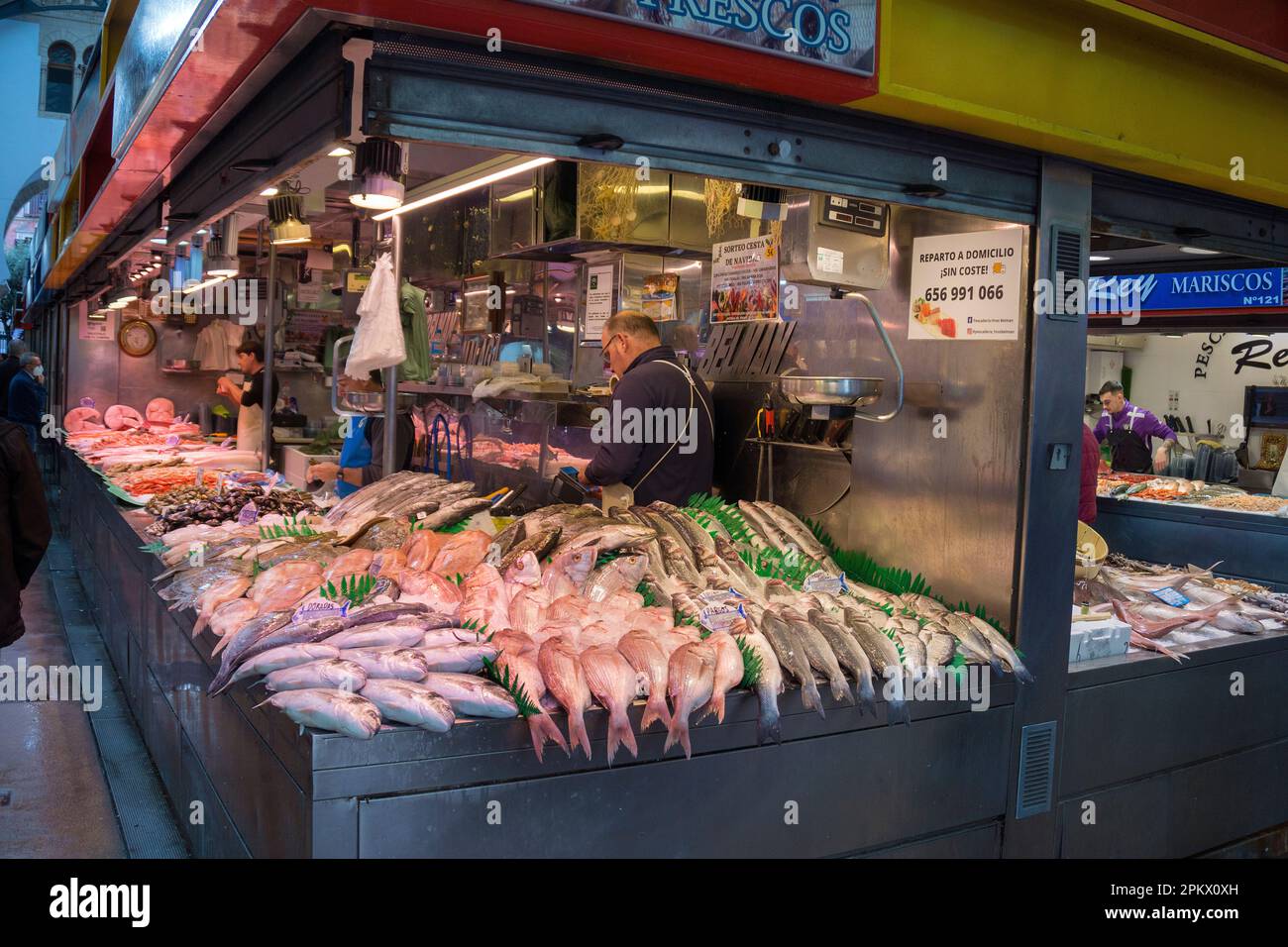 Fresh fish inside 'Mercado Central de Atarazanas', old town of Malaga, Andalusia, Costa del Sol, Spain, Europe Stock Photo