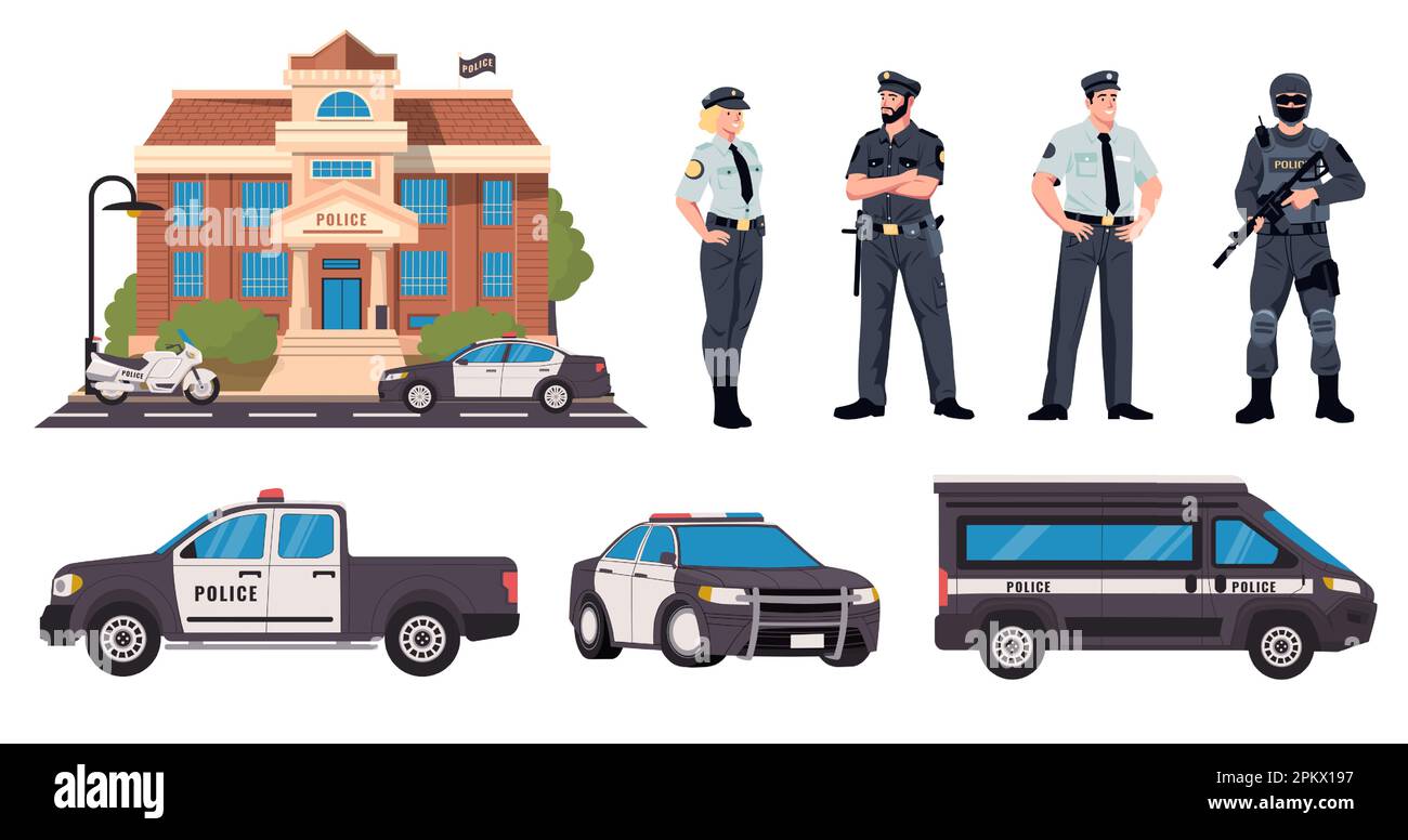 Police department collection. Policemen and swat characters in uniform and protective vest, sheriff station with police car and safety vehicles. Vecto Stock Vector