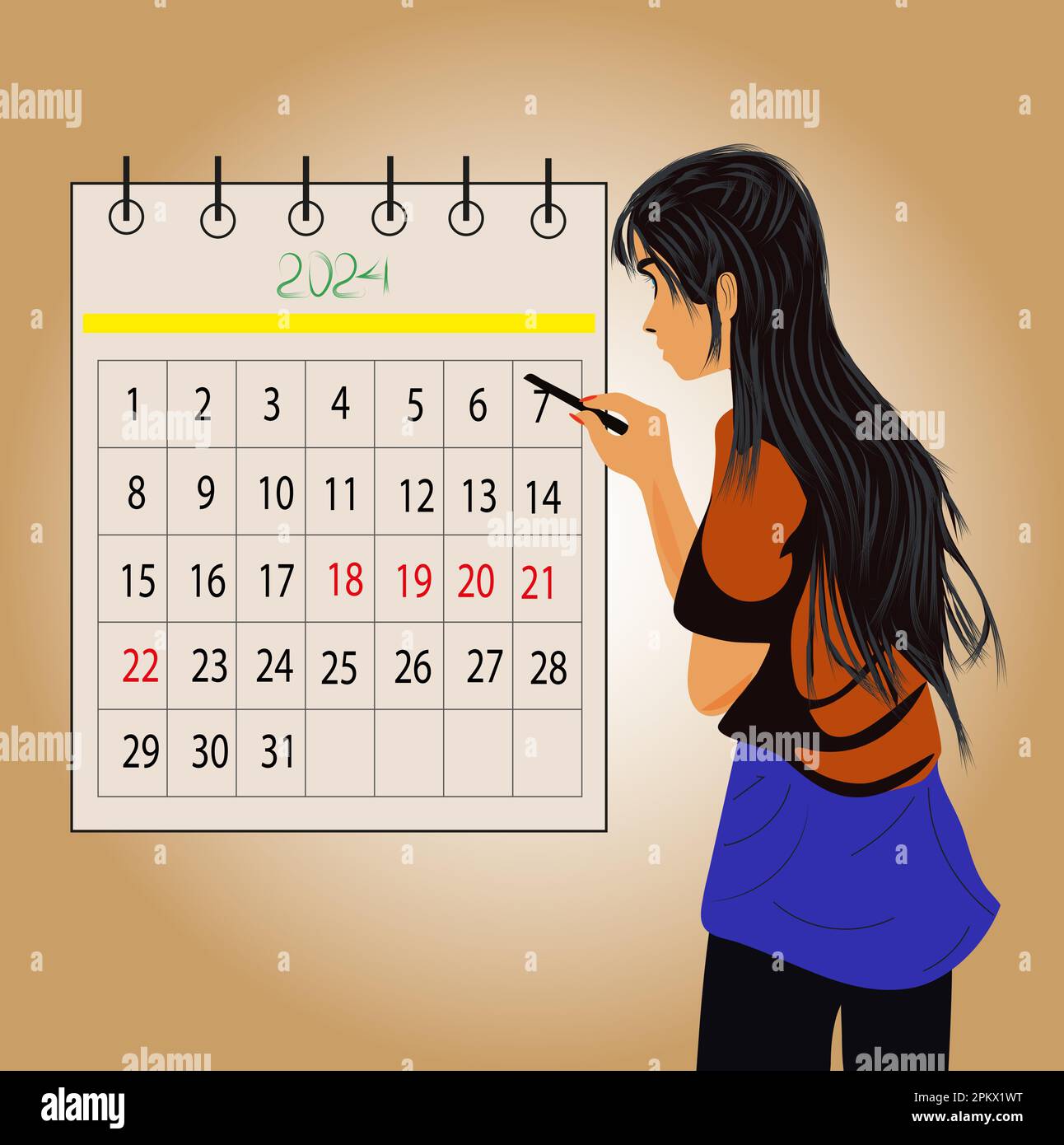 girl looking at the calendar and looks at the dates Stock Vector Image & Art - Alamy