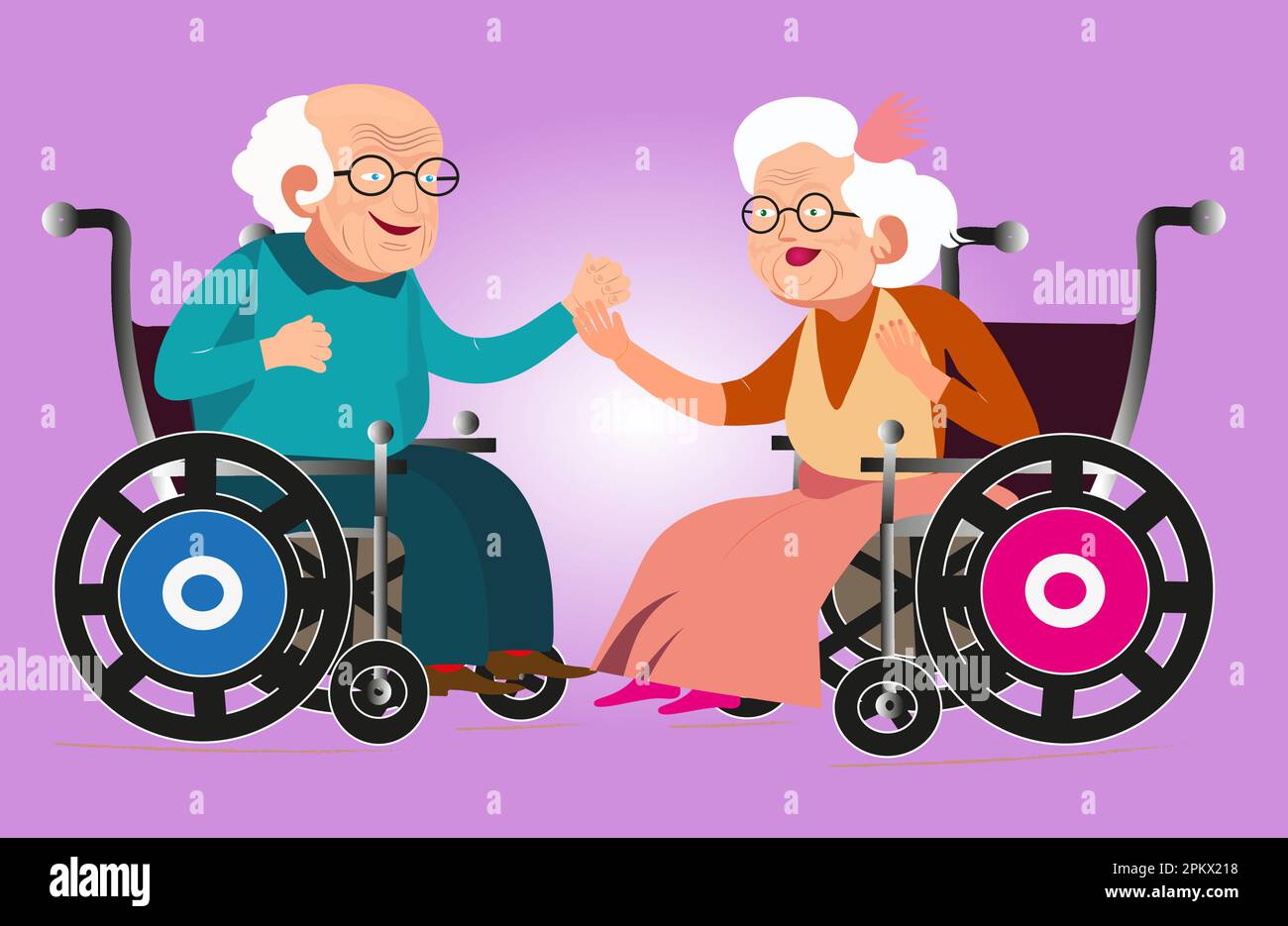 Two cheerful old people a man and a woman are sitting in chairs for movement Stock Vector