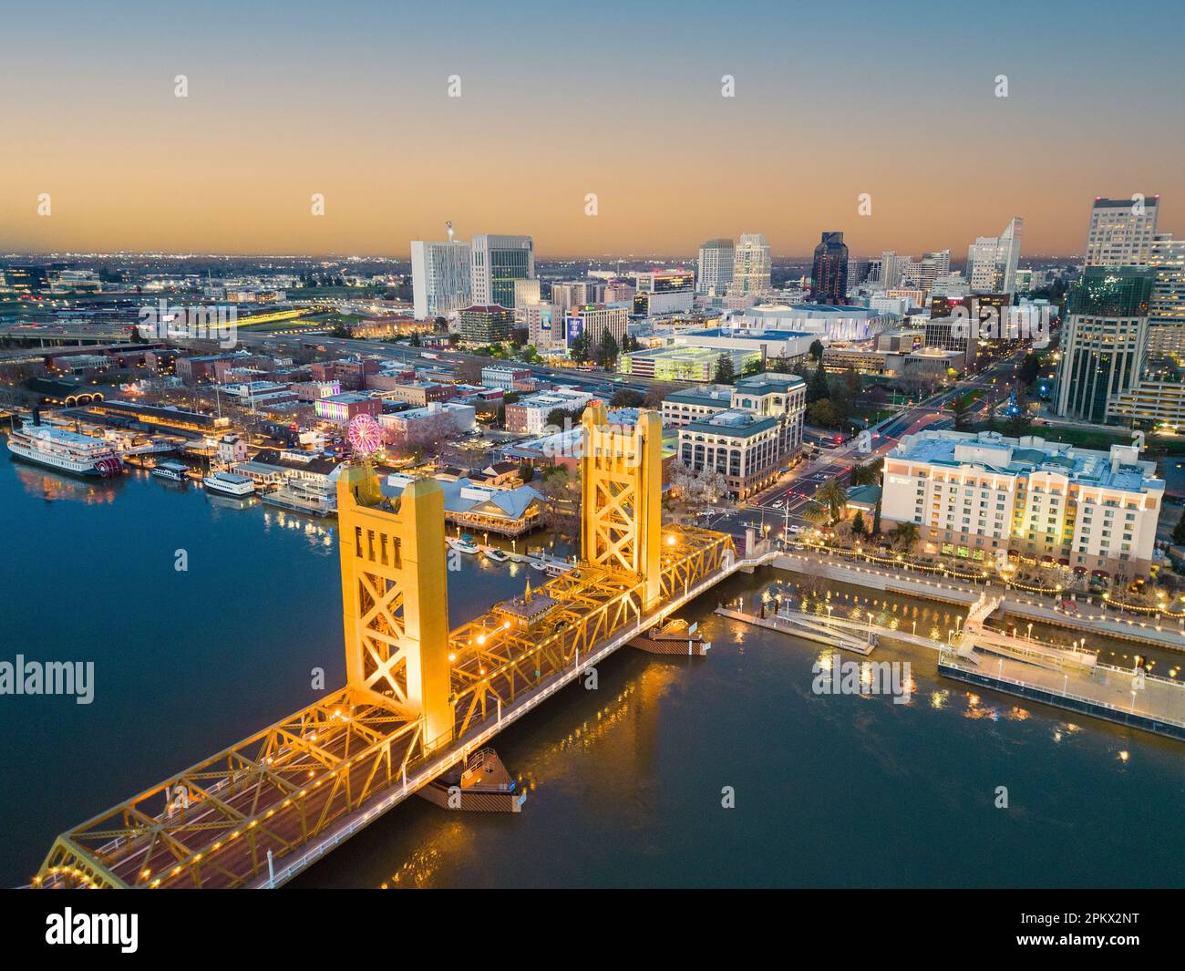 An aerial shot of the Tower Bridge spanning across the Sacramento River in California. Stock Photo