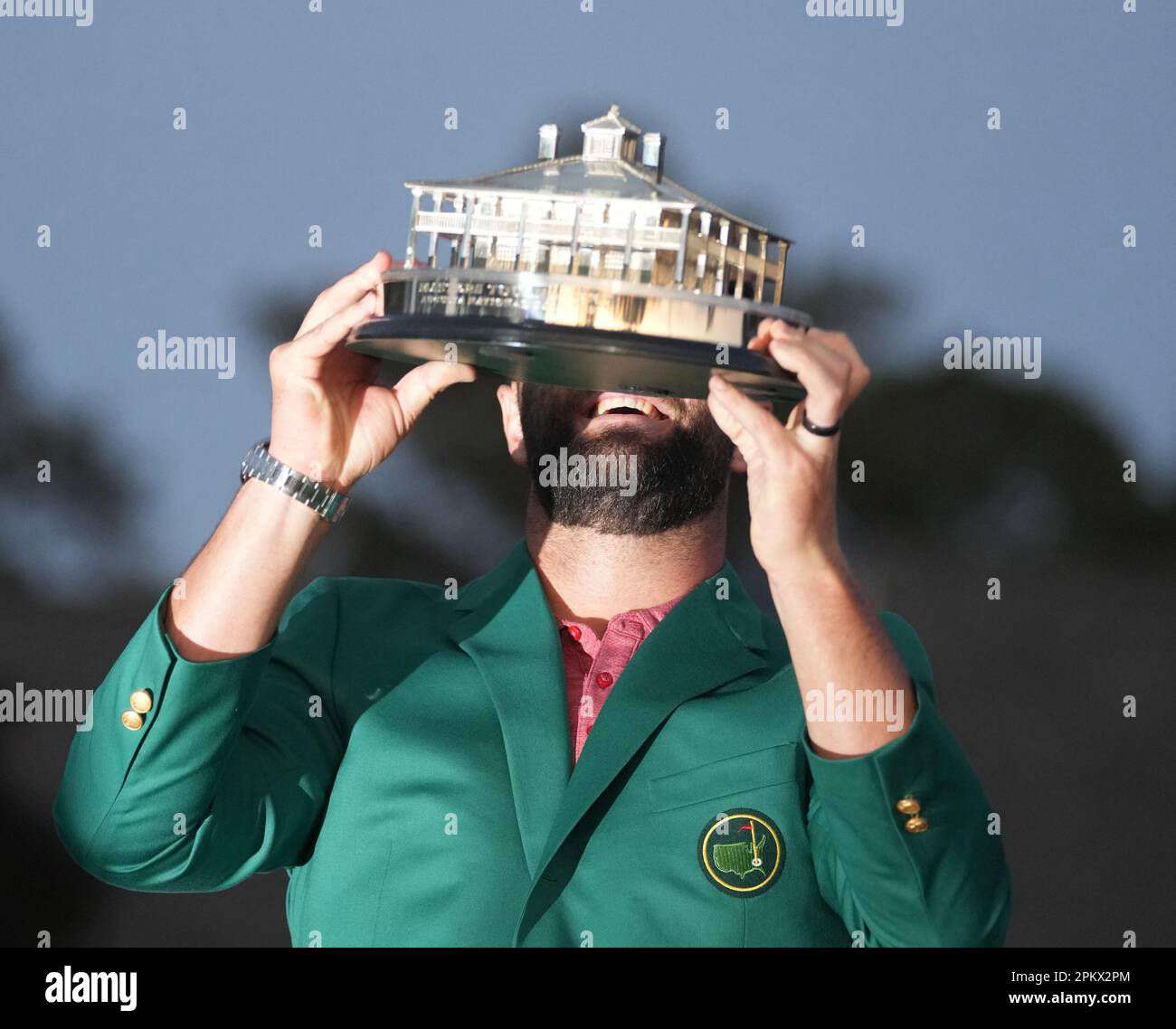 Augusta, USA. 9th Apr, 2023. Jon Rahm of Spain reacts with trophy