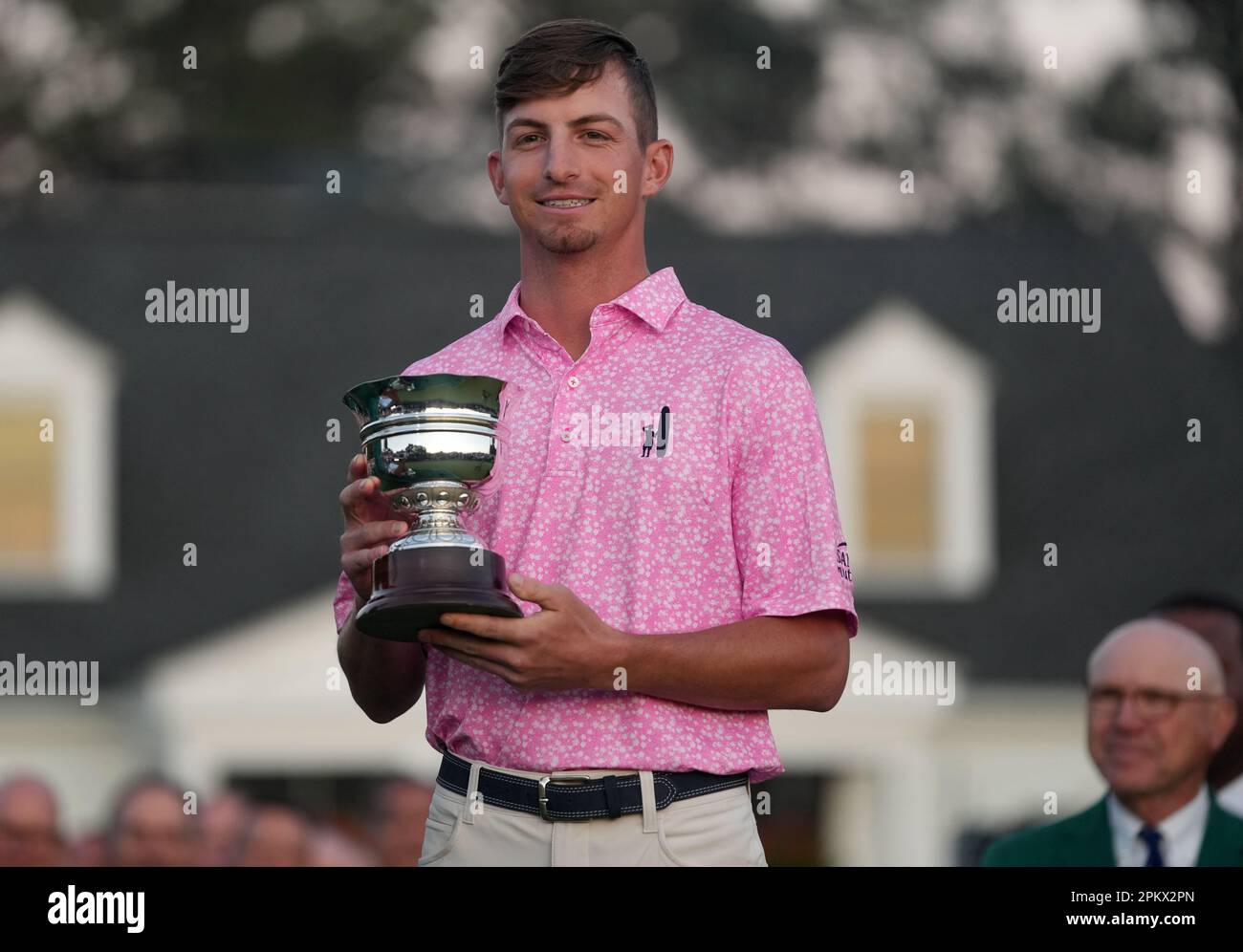 Augusta, USA. 9th Apr, 2023. Sam Bennett of the United States reacts during the awarding ceremony for the 2023 Masters golf tournament at Augusta National Golf Club, in Augusta, the United States, on April 9, 2023. Credit: Wu Xiaoling/Xinhua/Alamy Live News Stock Photo