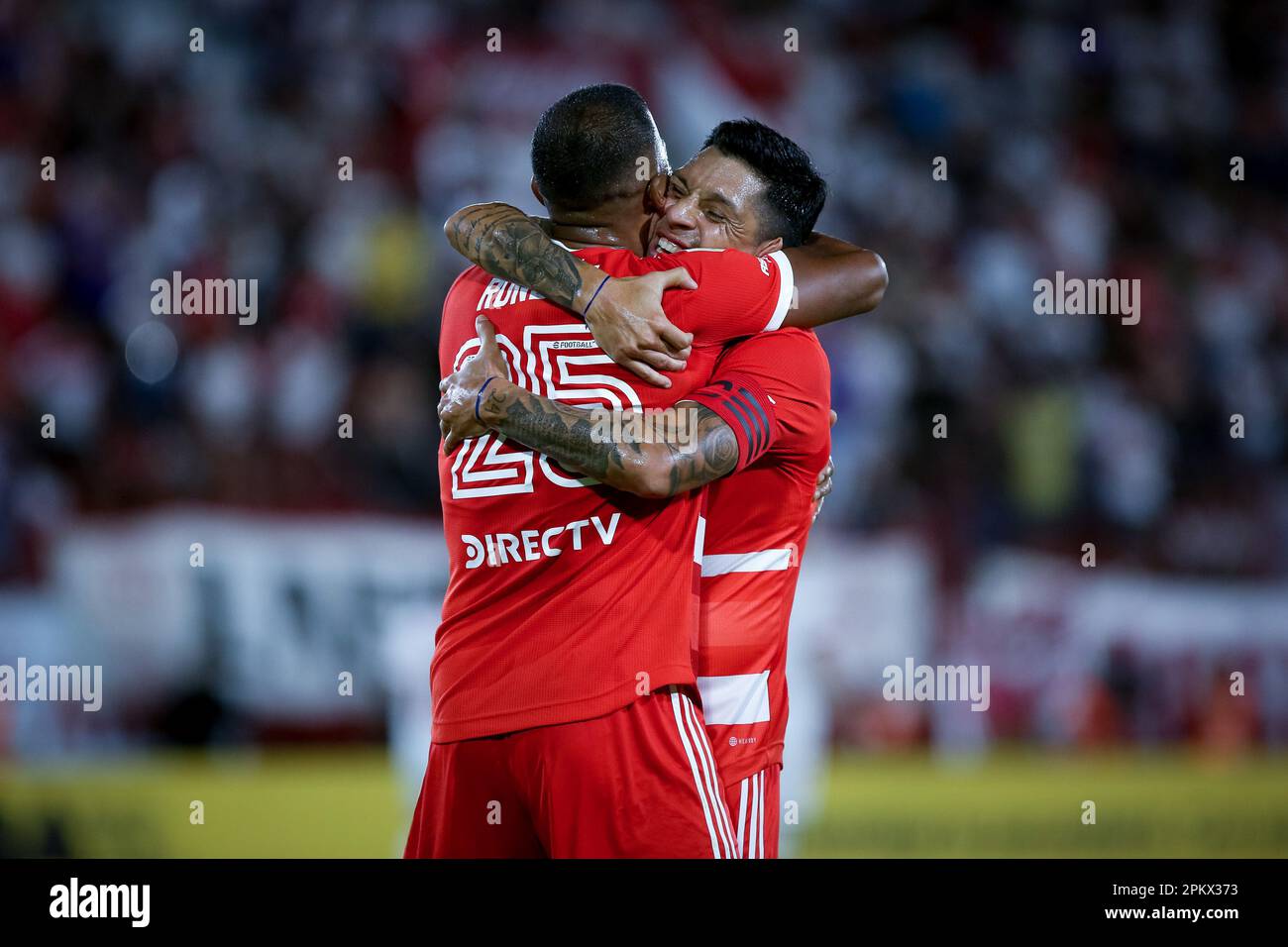 Buenos Aires, Argentina. 09th Apr, 2023. Salomon Rondon and Enzo Perez of River Plate celebrates during a match between Huracan and River Plate as part of Liga Profesional de Futbol 2023 at Tomas Duco Stadium. (Final score: Huracan 0 - 3 River Plate) Credit: SOPA Images Limited/Alamy Live News Stock Photo