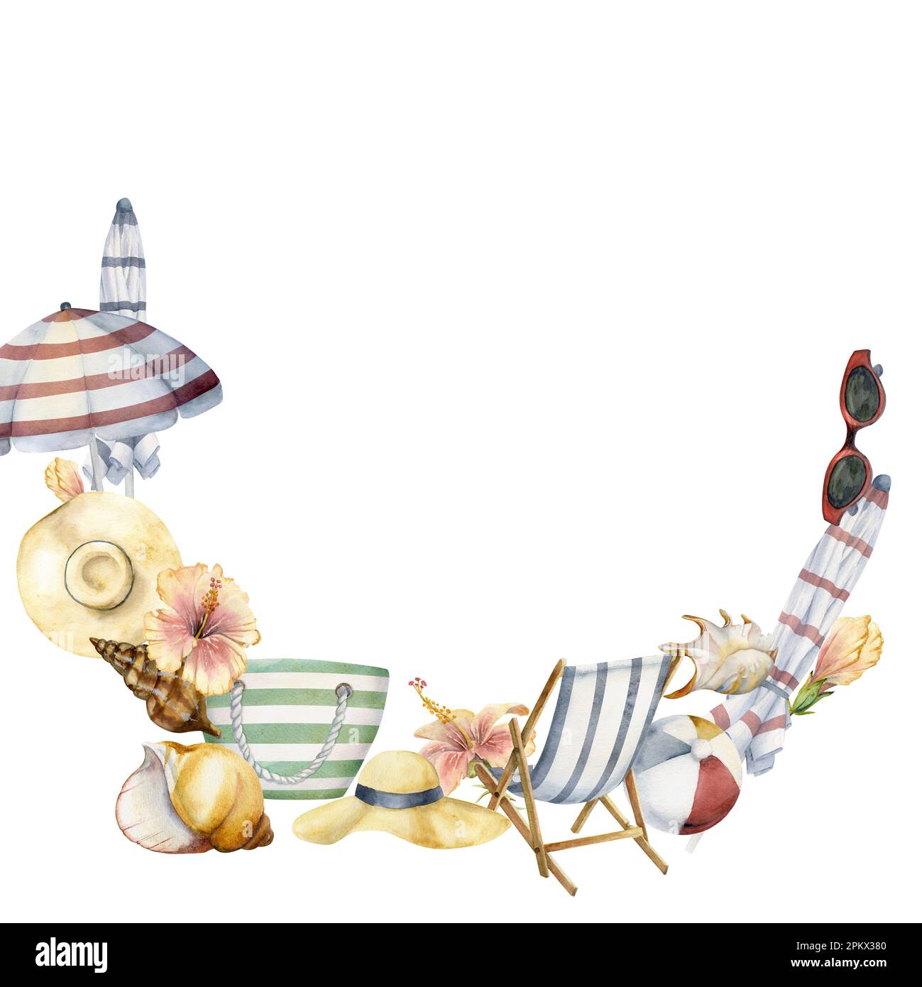Hand drawn watercolor beach striped accessories bag chair umbrella ...
