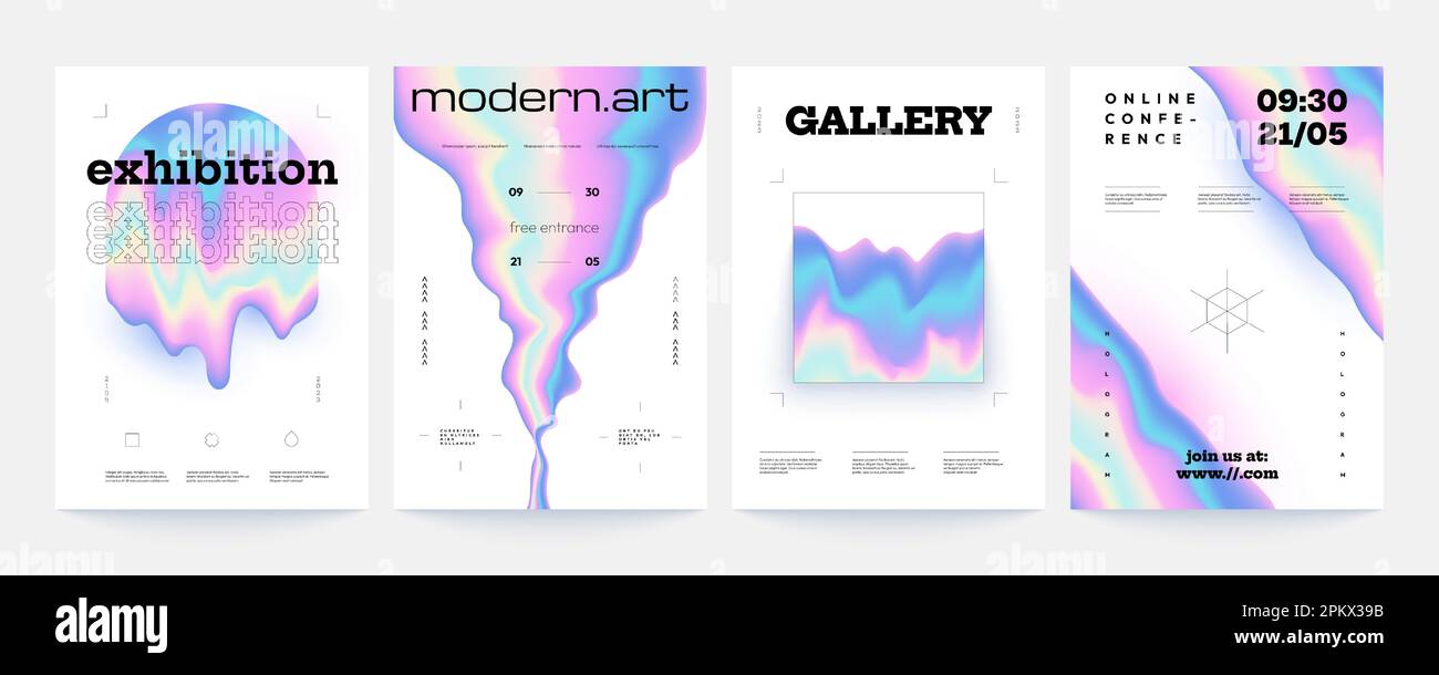 Hologram shapes banner. Modern abstract posters with cosmic geometric shapes, retro futuristic liquid sci-fi forms for label and cover design. Vector Stock Vector