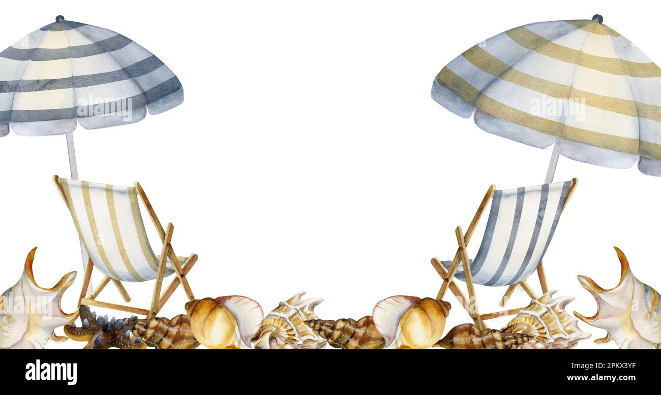 Hand drawn watercolor composition. Striped beach umbrellas, sea shells ...