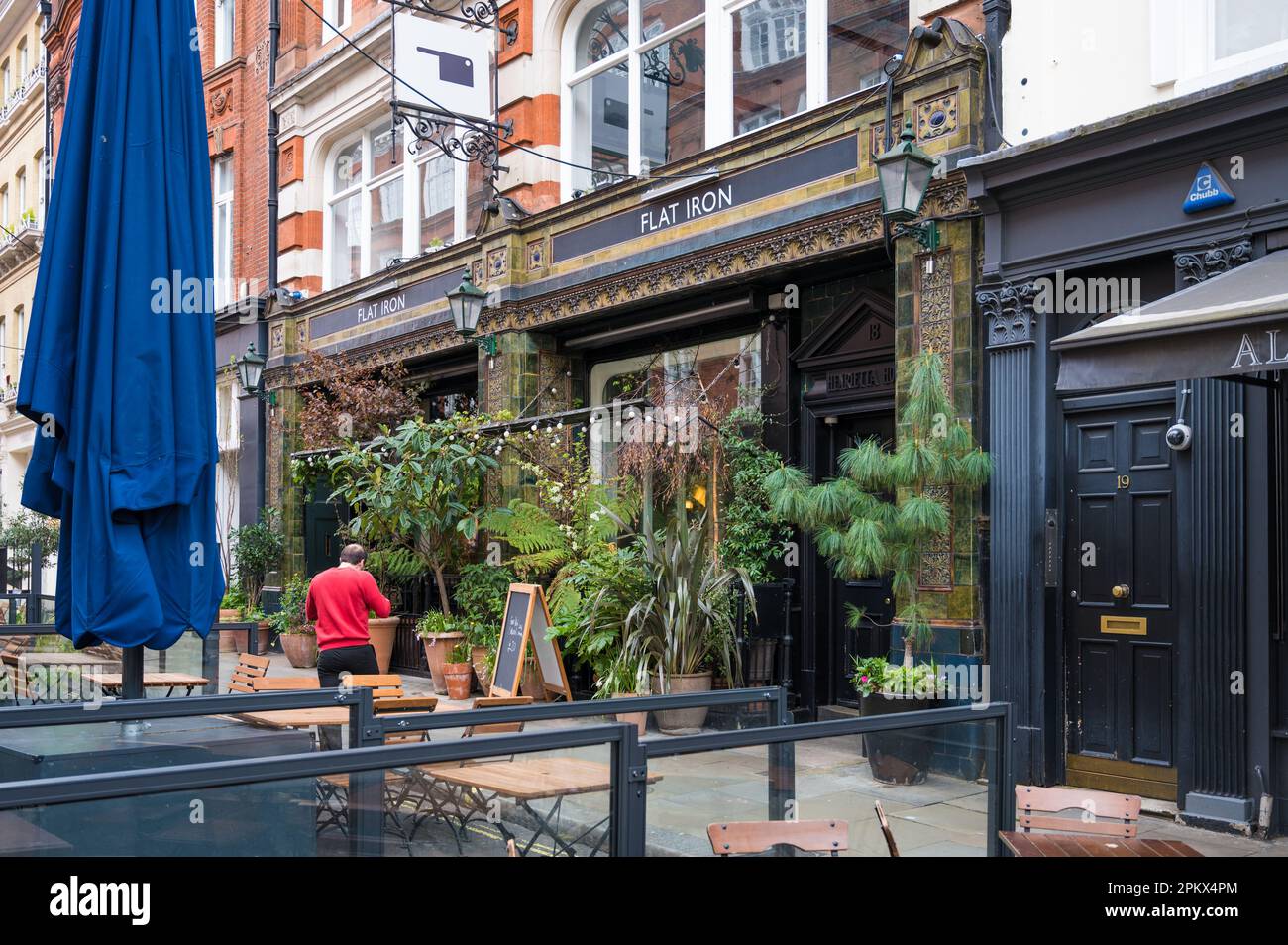 Exterior of Flat Iron Covent Garden, a steak house restaurant founded by Charlie Carroll
