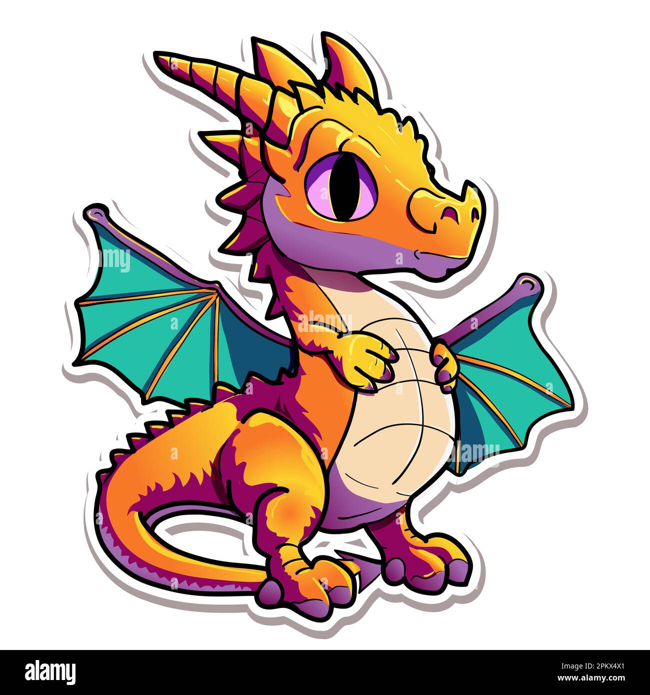 Magic dragon sticker. Fantasy funny creature, big flying fairy animal ...