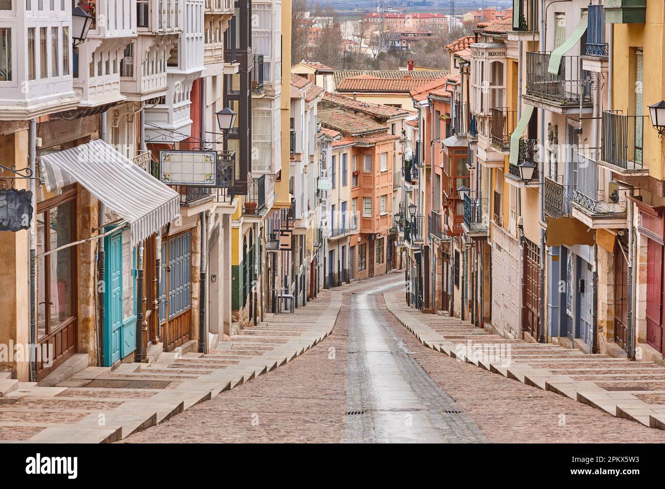 Picturesque street with colorful facades in Zamora city center. Balborraz Stock Photo