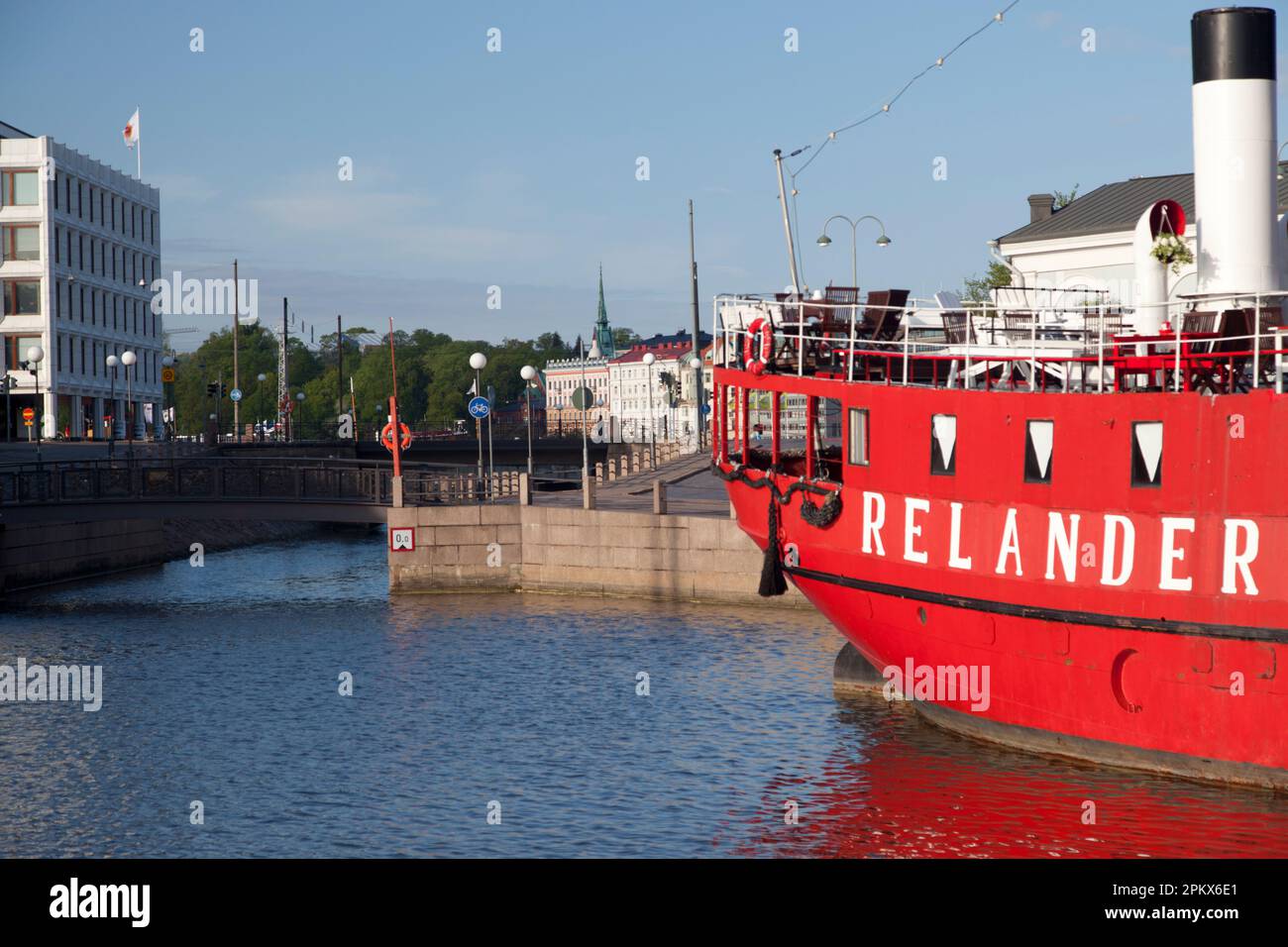 Finland, Helsinki,  Relandersgrund boat used as a floating restaurant. Stock Photo