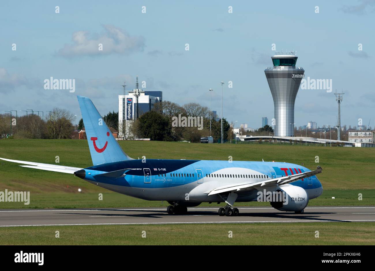 Tui Boeing 787-8 Dreamliner taking off at Birmingham Airport, UK (G-TUIE) Stock Photo