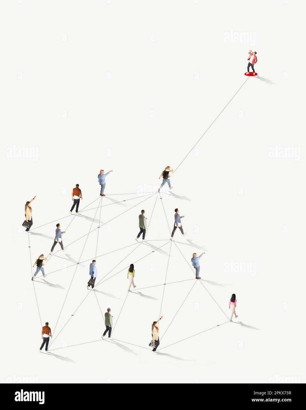 Mass media manipulation. Aerial view on crowd of different people connected with online lines