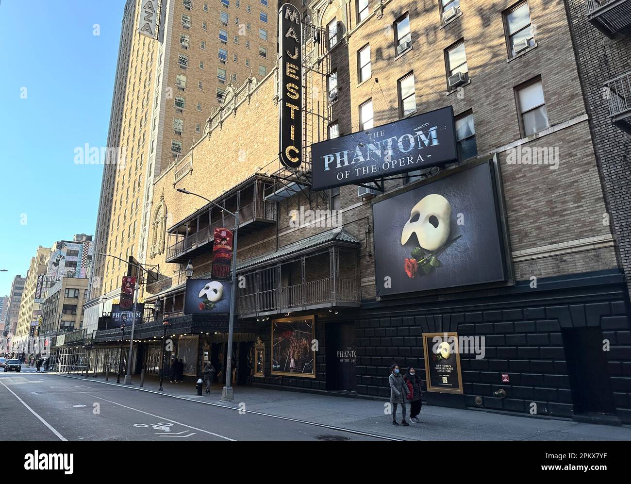 New York, USA. 09th Apr, 2023. Passers-by walk past the Majestic Theatre on Broadway. After more than 35 years, 'The Phantom of the Opera' will be performed for the last time in this theater on April 16, 2023. It is the longest running play in the history of the famous theater district. (to dpa: 'The last chandelier falls - end for 'Phantom of the Opera') Credit: Christian Fahrenbach/dpa/Alamy Live News Stock Photo