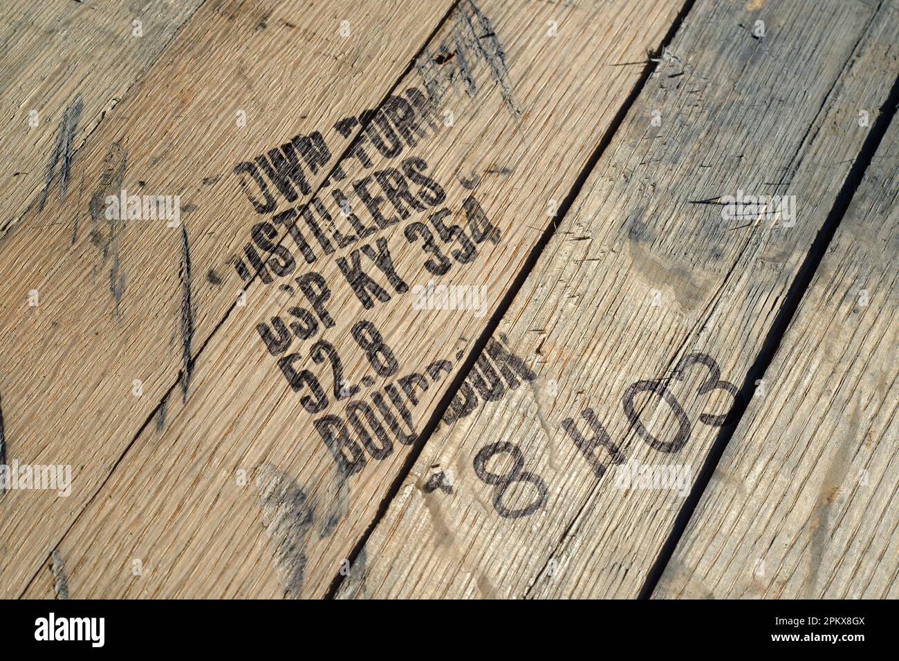 The printed top of a Whiskey or whisky barrel. Brown-Forman corporation. Stock Photo