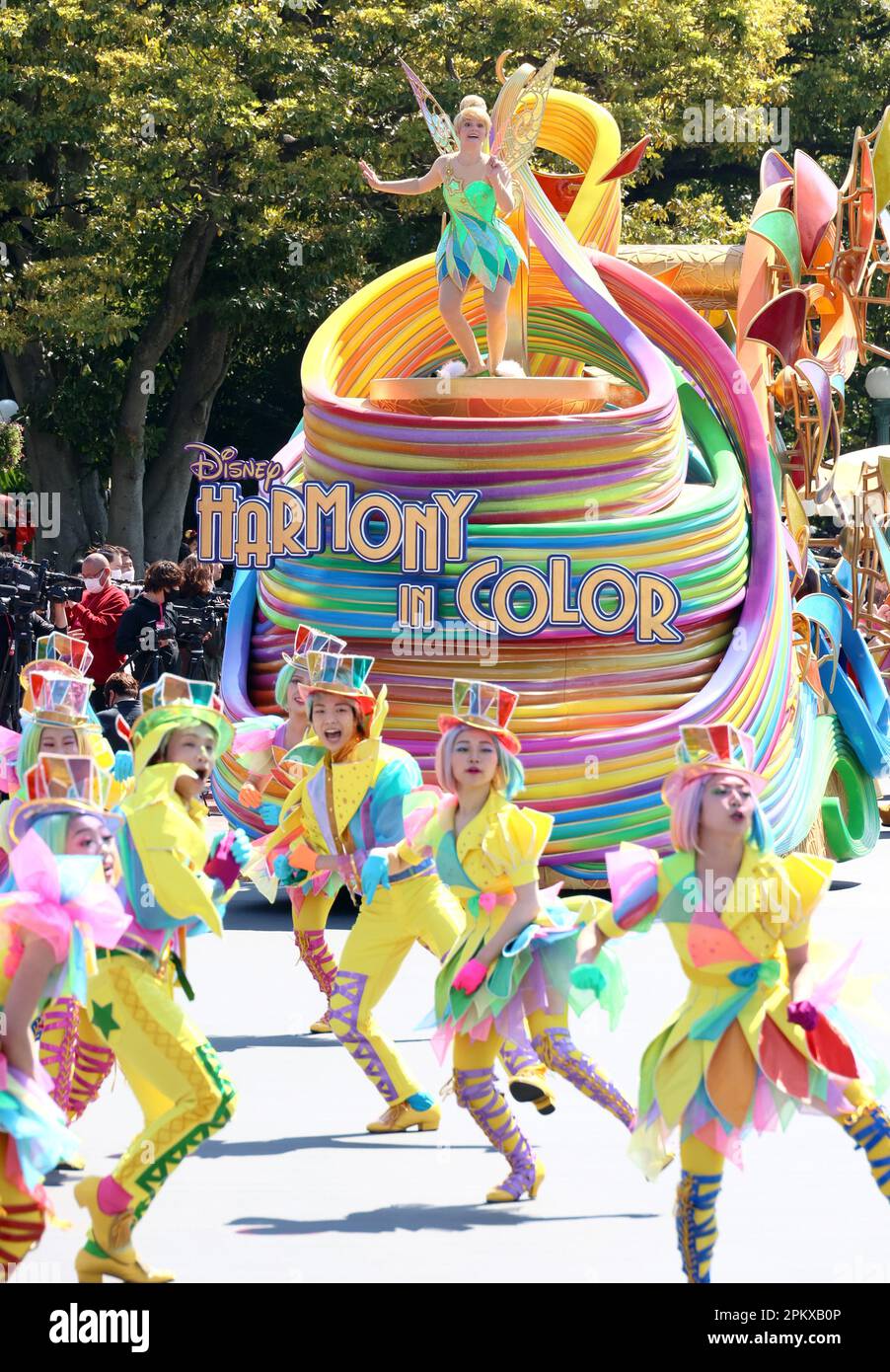 Urayasu, Japan. 10th Apr, 2023. Disney character Tinker Bell greets guests from a float during a press preview of the new parade 'Disney Harmony in Color' to celebrate the 40th anniversary of Tokyo Disney Resort at Tokyo Disneyland in Urayasu, suburban Tokyo on Monday, April 10, 2023. The new parade and some new attractions to celebrate Disney theme park's 40th anniversary will start from April 15. (photo by Yoshio Tsunoda/AFLO) Credit: Aflo Co. Ltd./Alamy Live News Stock Photo