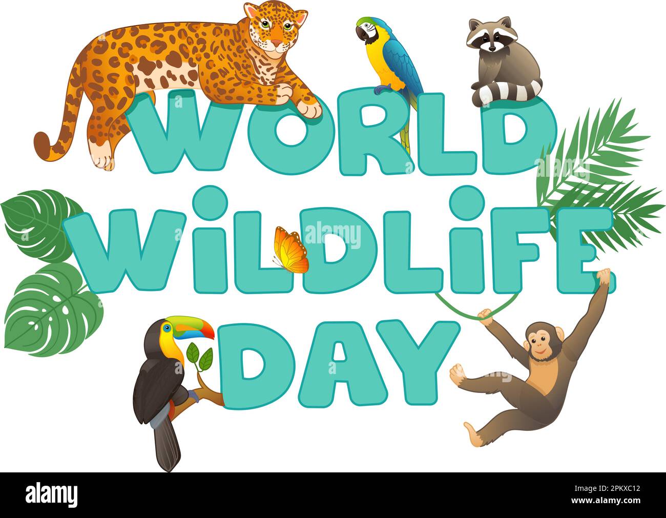 World Wildlife Day illustration with animals in cartoon stile Stock