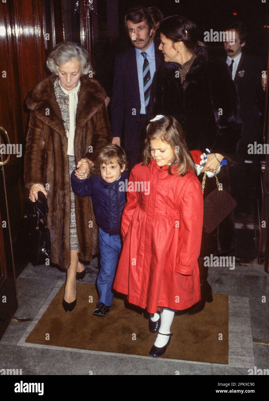 SWEDISH QUEEN SILVIA together with Princess Lilian and prince Carl Philip and Crown Princess Victoria at Royal Dramatic Theater Dramaten 1993 for childrens play Stock Photo