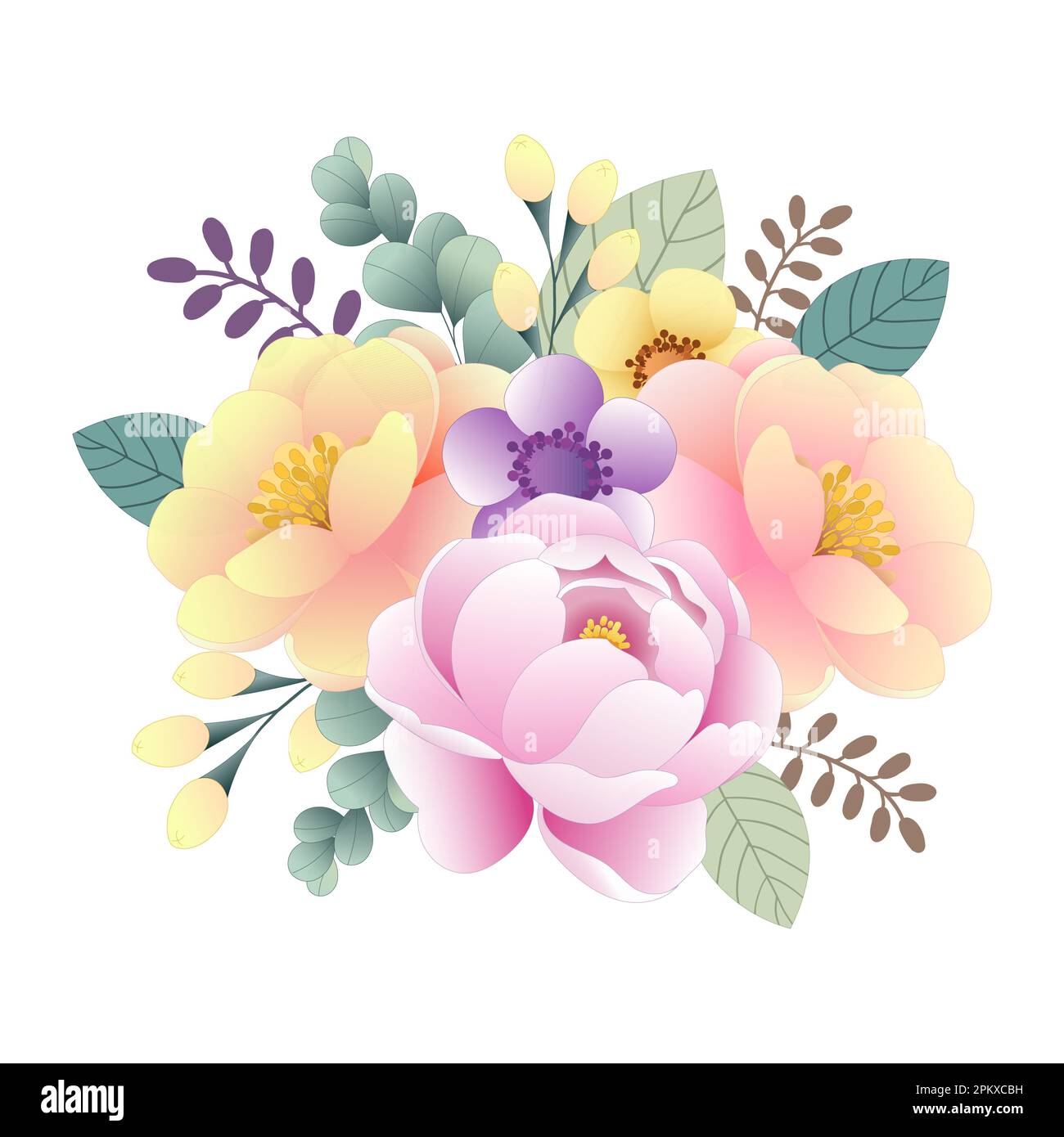 Illustration of a floral arrangement of peonies and anemones in delicate colors. Flower set Stock Vector