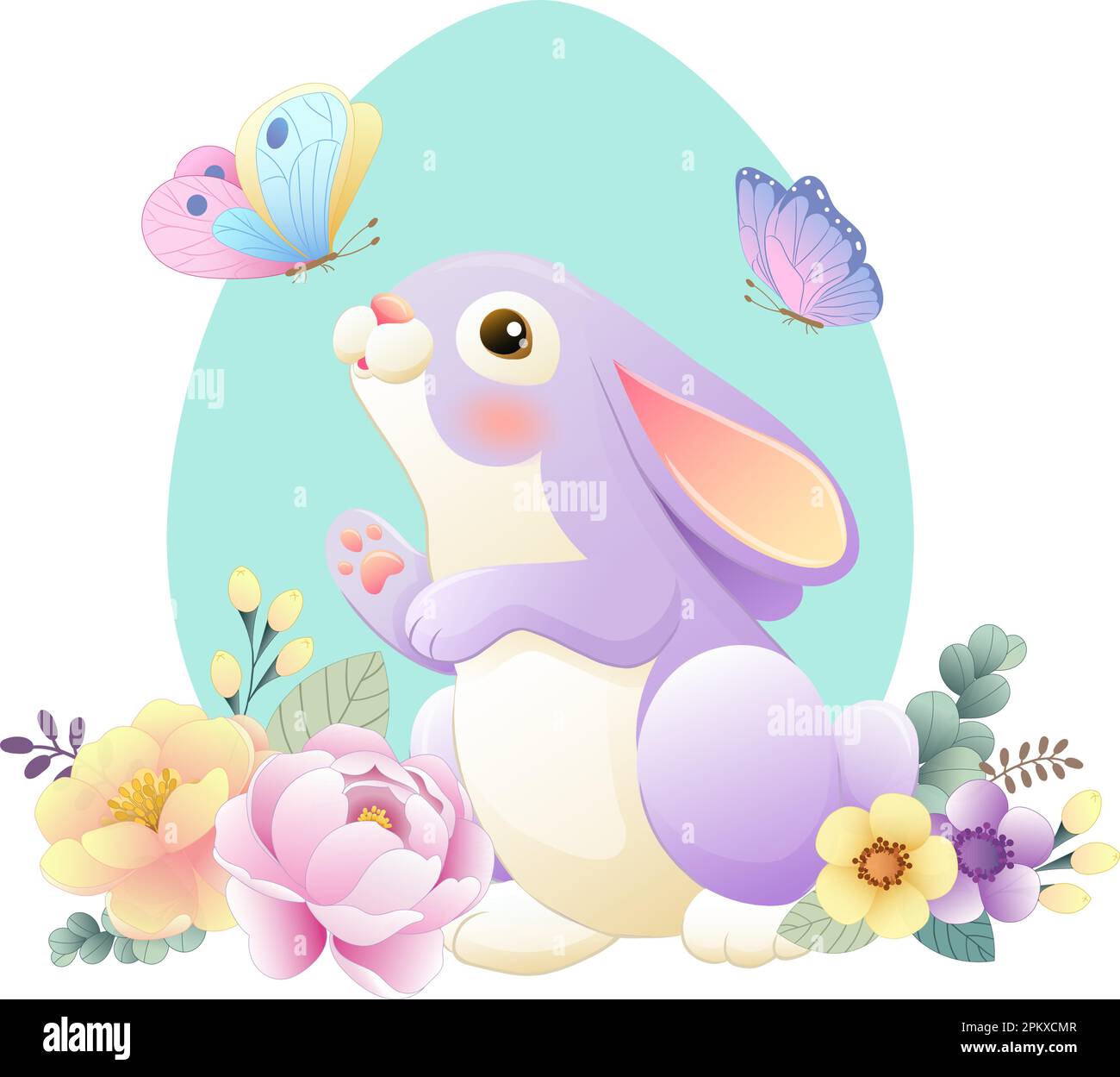 Vector illustration of an Easter bunny and flowers in gentle colors ...