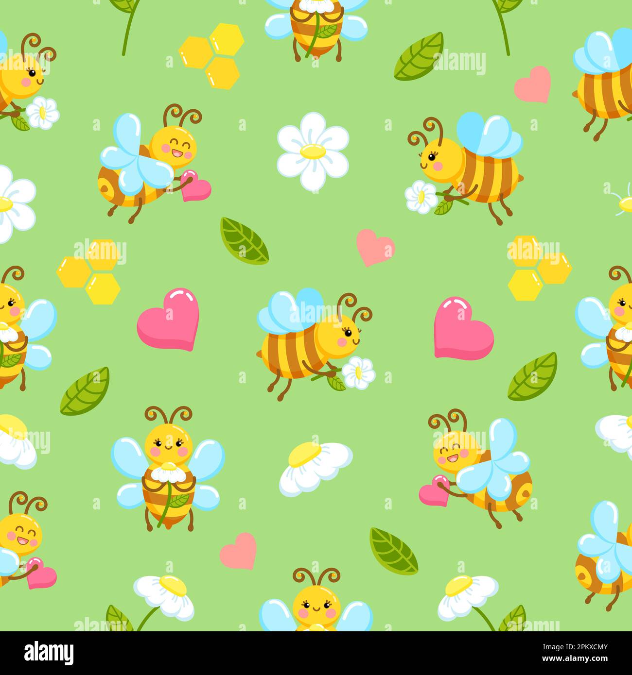 Cute and bright seamless pattern with cartoon love bees and daisies ...