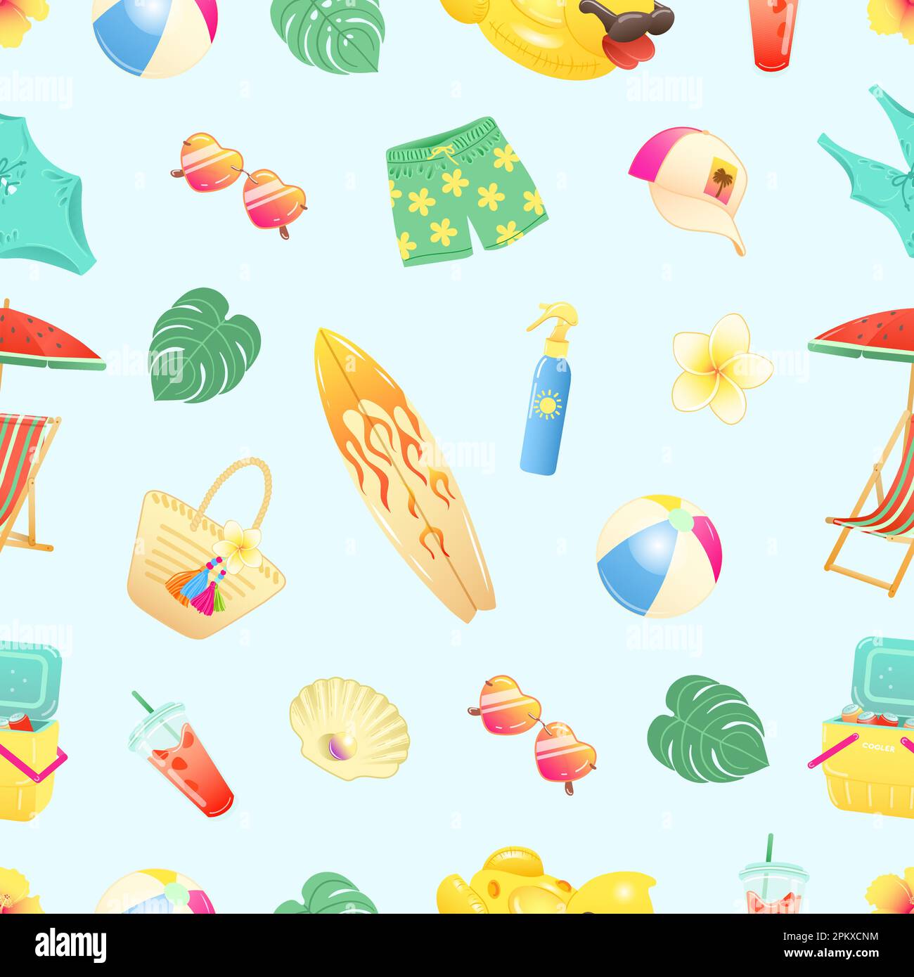 Seamless pattern with beach summer accessories on light blue background ...