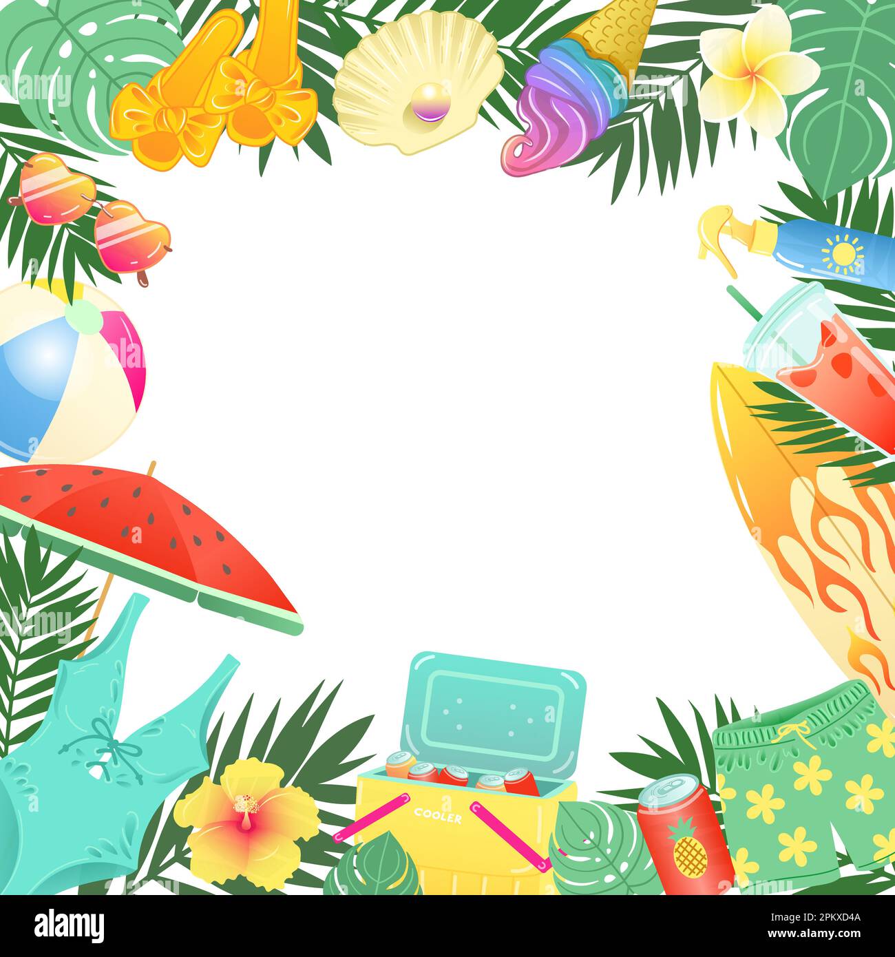 Decorative frame with summer beach accessories and tropical leaves in  bright colors, Vector illustration Stock Vector Image & Art - Alamy