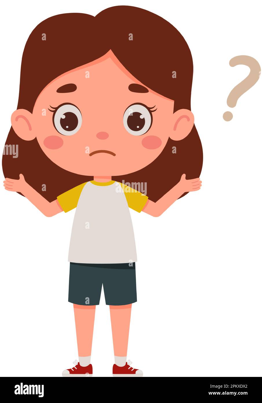 Cute little kid girl confused with question mark. Cartoon schoolgirl