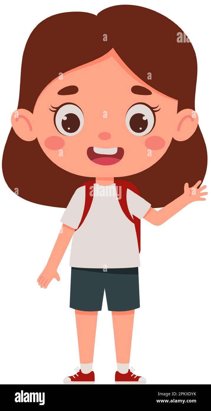 Cute cartoon little girl with the backpack waving her hand hello ...