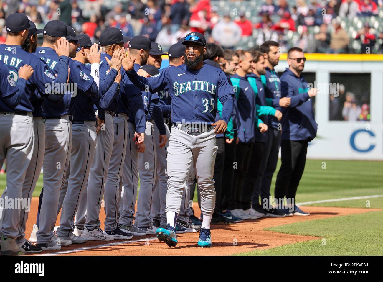 CLEVELAND, OH APRIL 07 Seattle Mariners right fielder Teoscar Hernandez (35) is introduced