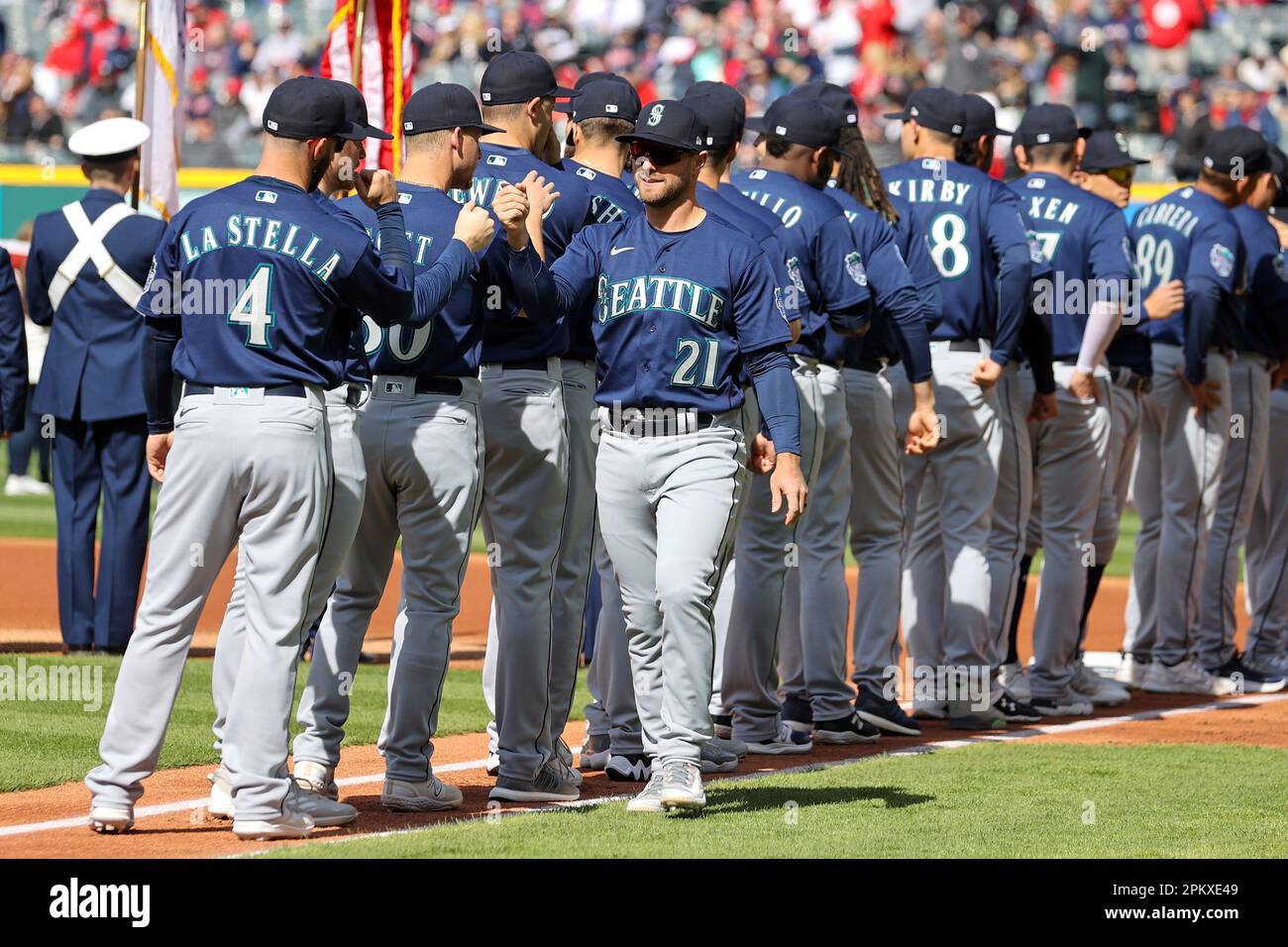 CLEVELAND, OH - APRIL 07: Seattle Mariners designated hitter Cooper Hummel  (21) is introduced prior to the Major League Baseball game between the  Seattle Mariners and Cleveland Guardinas on April 7, 2023,