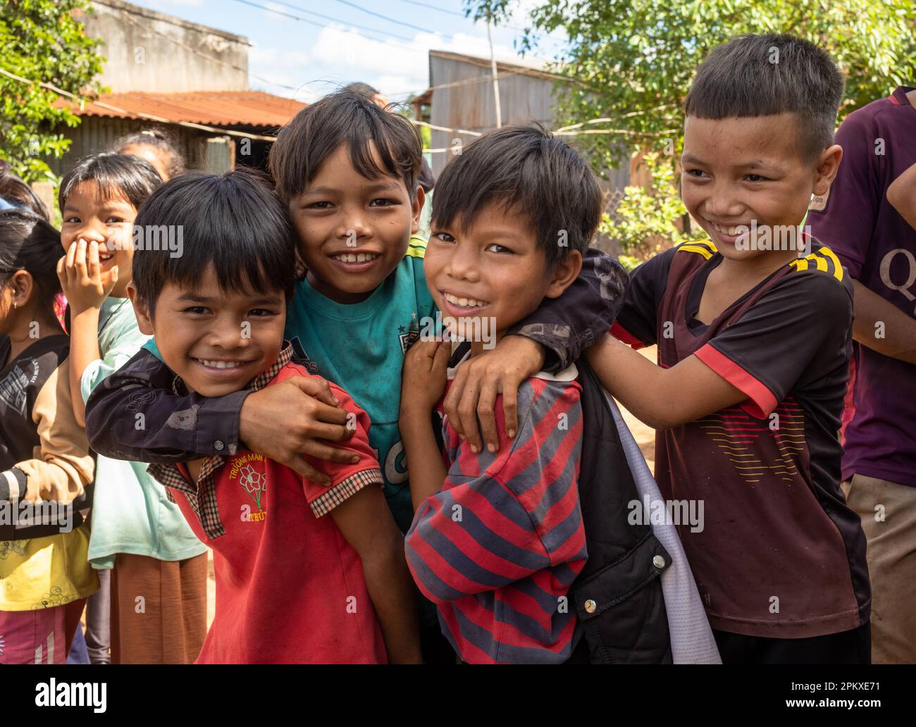 A group of Jerai ethnic minority children in Gia Lai province in the Central Highlands of Vietnam. Stock Photo