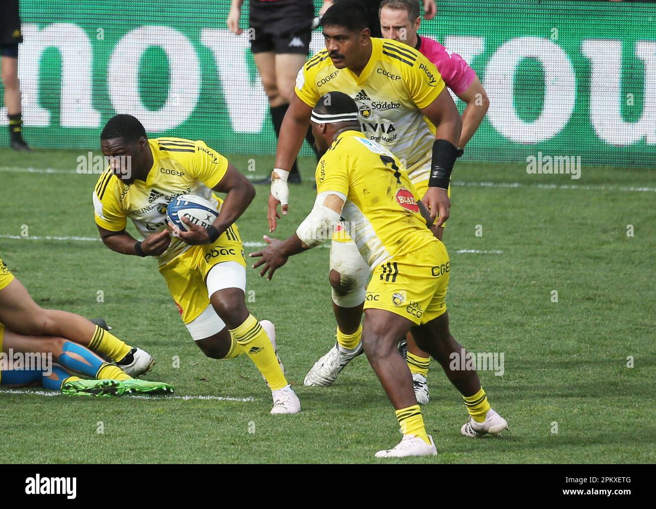 Yoan Tanga, Will Skelton and Levani Botia of Stade Rochelais during the Heineken Champions Cup, Quarter Finals, rugby union match between Stade Rochelais (La Rochelle) and Saracens on April 9, 2023 at Marcel Deflandre stadium in La Rochelle, France - Photo: Laurent Lairys/DPPI/LiveMedia Stock Photo