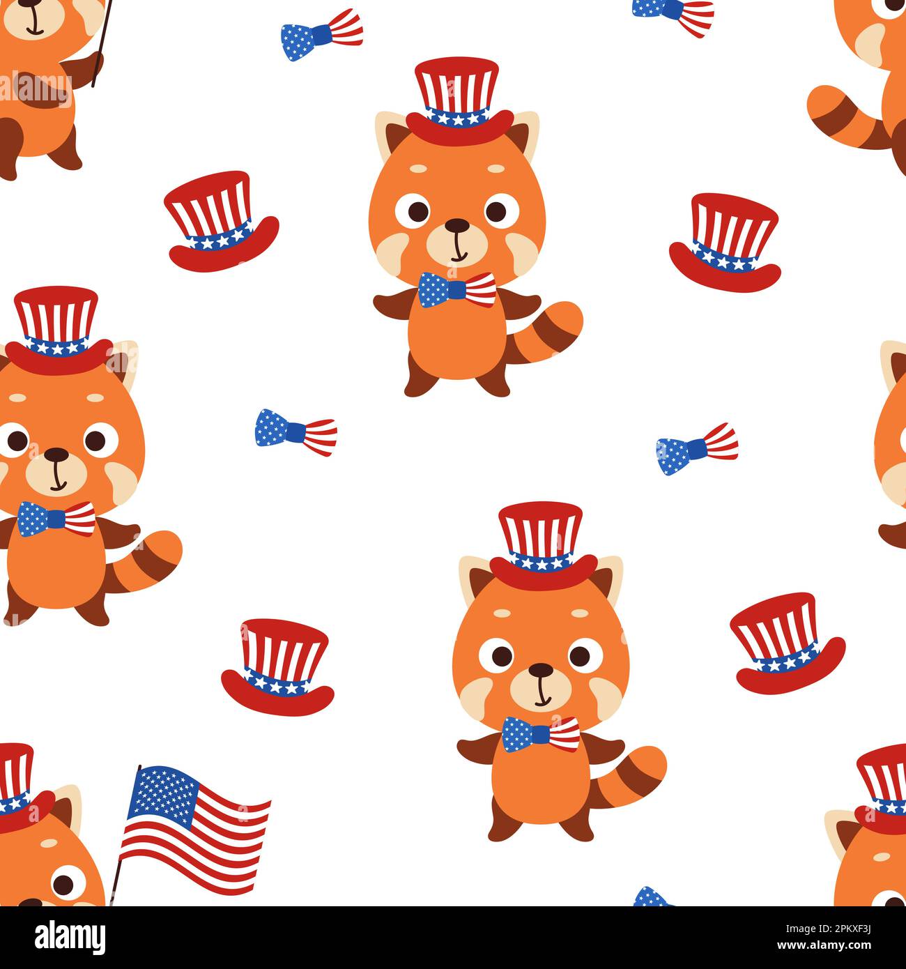 Cute little red panda in USA patriotic hat seamless childish pattern ...