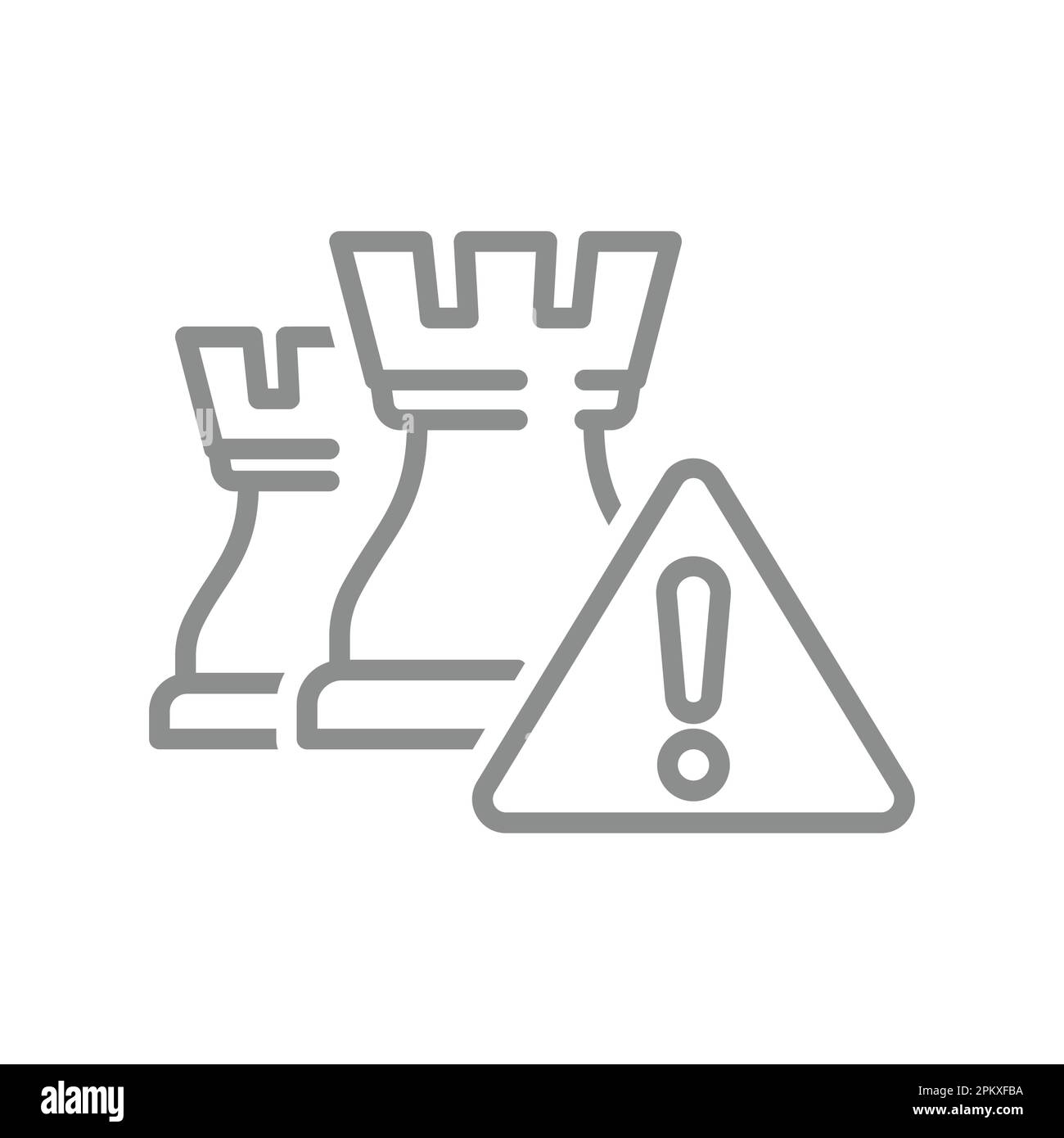 King chess piece and warning exclamation mark or point sing. System breach, danger or attention line vector icon. Stock Vector