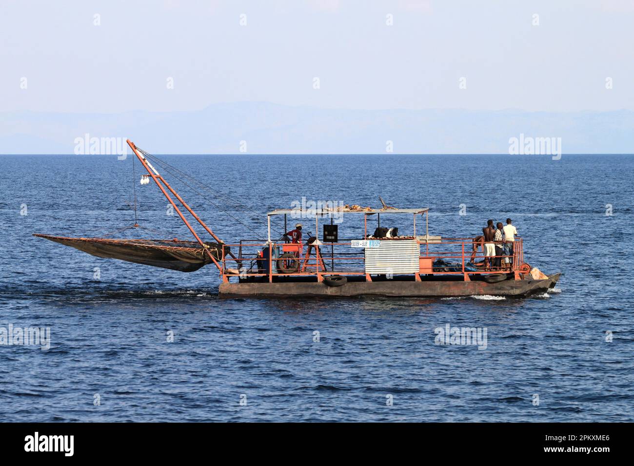 Fishing boats with nets to catch kapenta (Lake Tanganyika sardine or Lake Tanganyika sprat) in Lake Kariba, Siavonga, Lake Kariba, Zambezi, Zambia Stock Photo