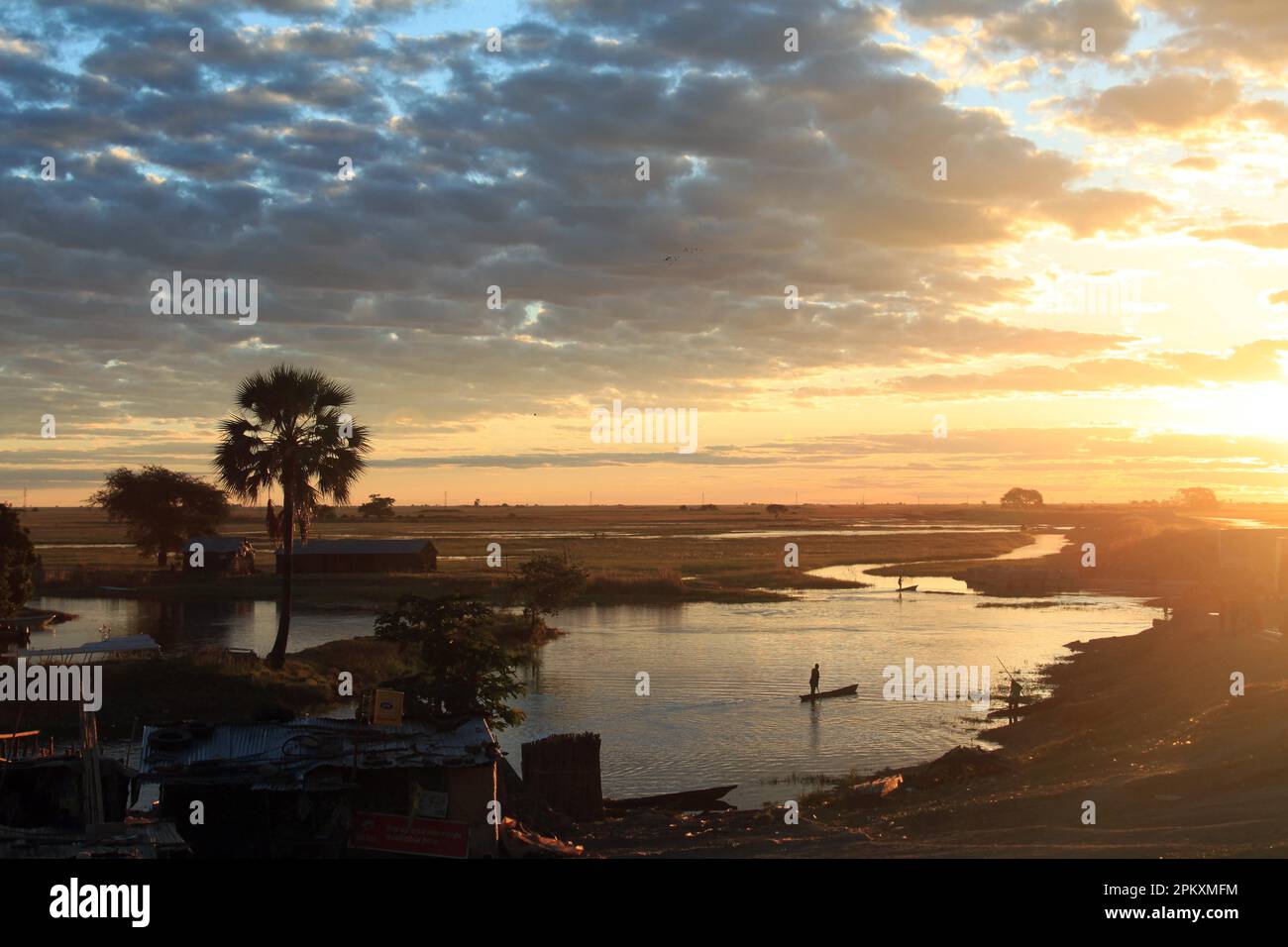 Evening atmosphere, Mongu Harbour, Mongu, Barotse flood plain, Zambezi, Western Province of Zambia, Zambia Stock Photo