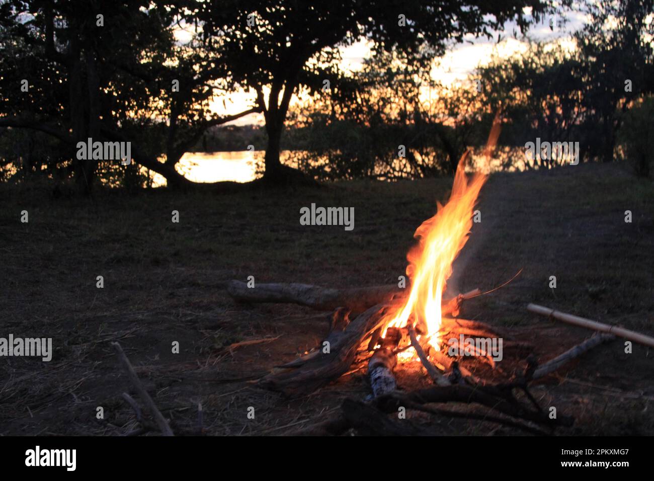Campfire, Kafue National Park, Kafue River, Zambia Stock Photo