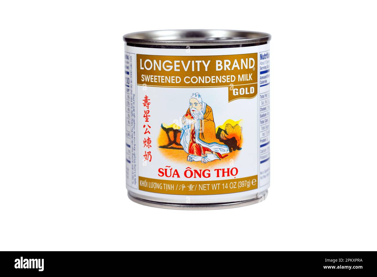 Longevity Brand Gold Label Sweetened Condensed Milk, Sữa Ông Thọ, isolated on a white background. cutout image for illustration and editorial use. Stock Photo