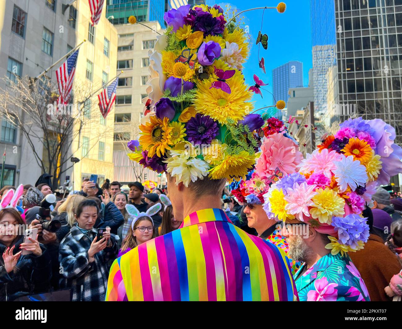 New York, United States. 09th Apr, 2023. People wearing costumes participate in the annual Easter Parade and Bonnet Festival along Fifth Avenue on Easter Sunday on April 9, 2023 in New York
