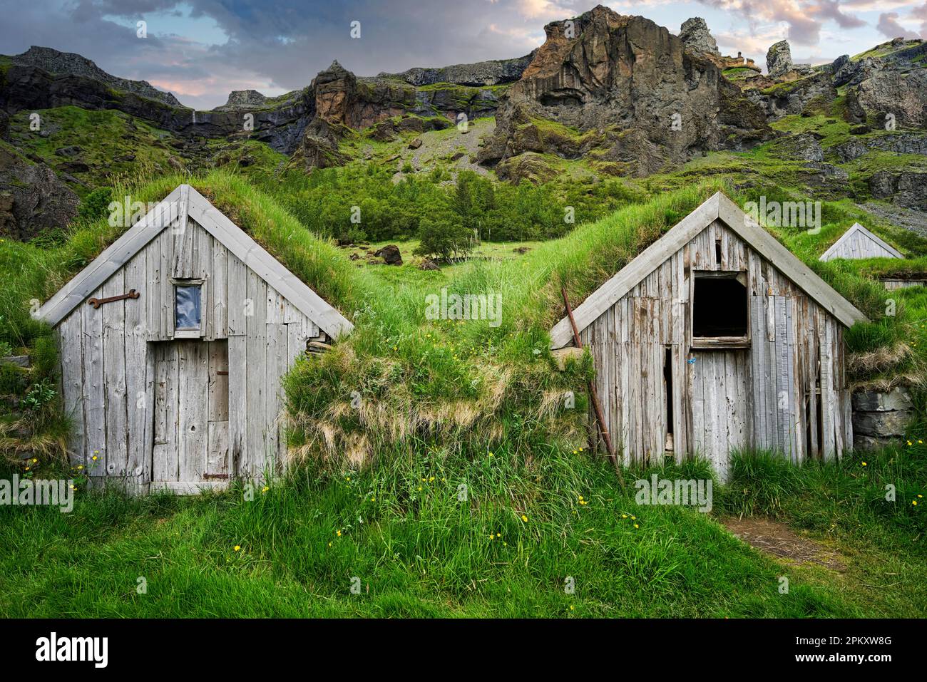 Nupsstaoakirkja Church with roof covered with grass. Iceland Stock Photo