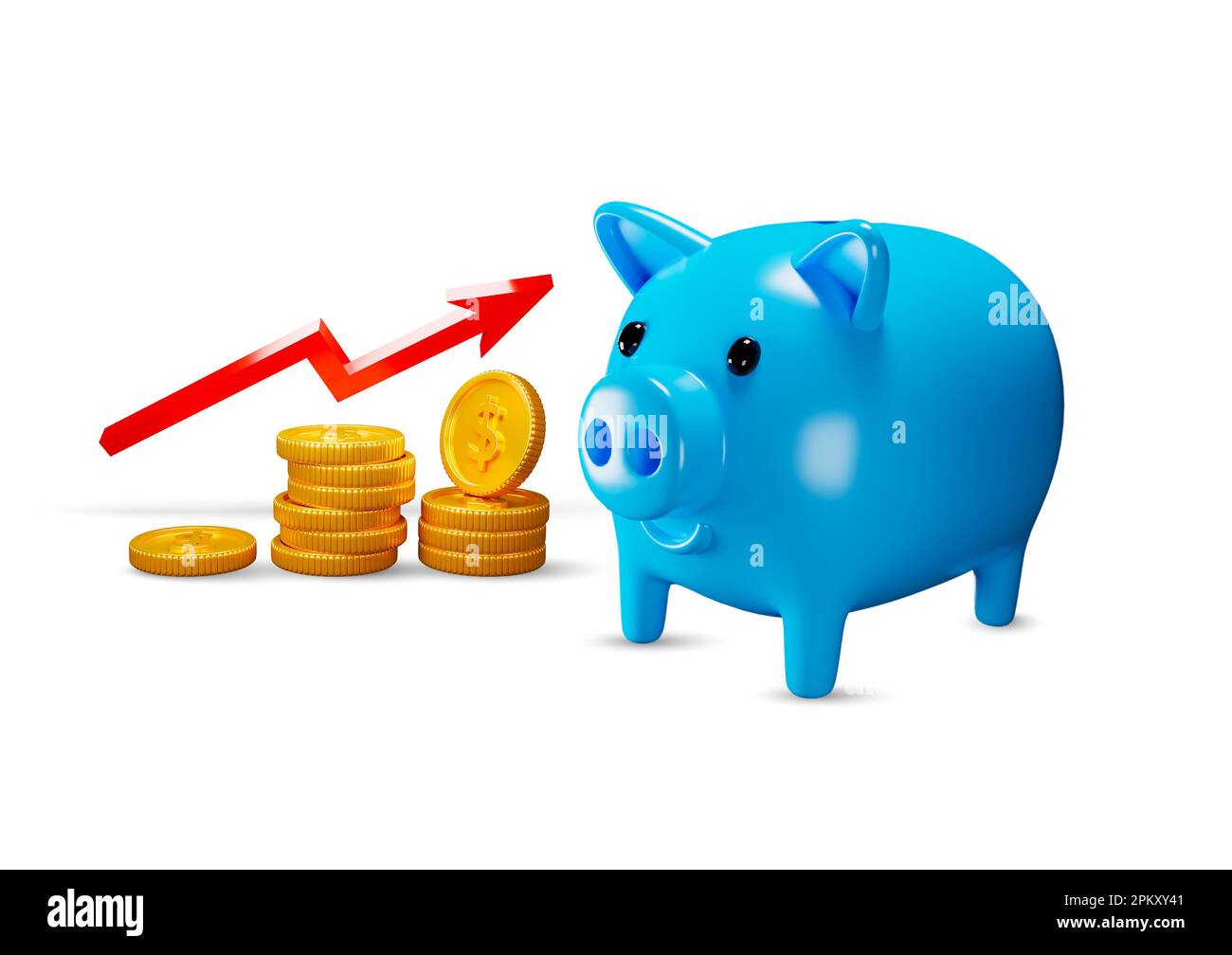 3d rendering Blue piggy bank with red arrow and stack coins on white ...