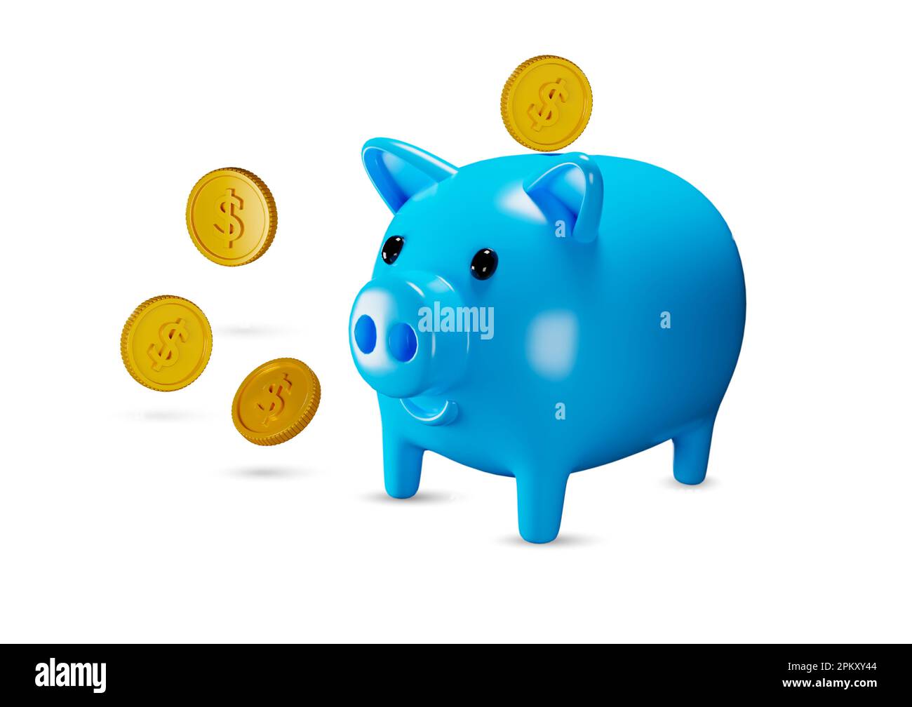 3d rendering Blue piggy bank with stack coins on white background ...