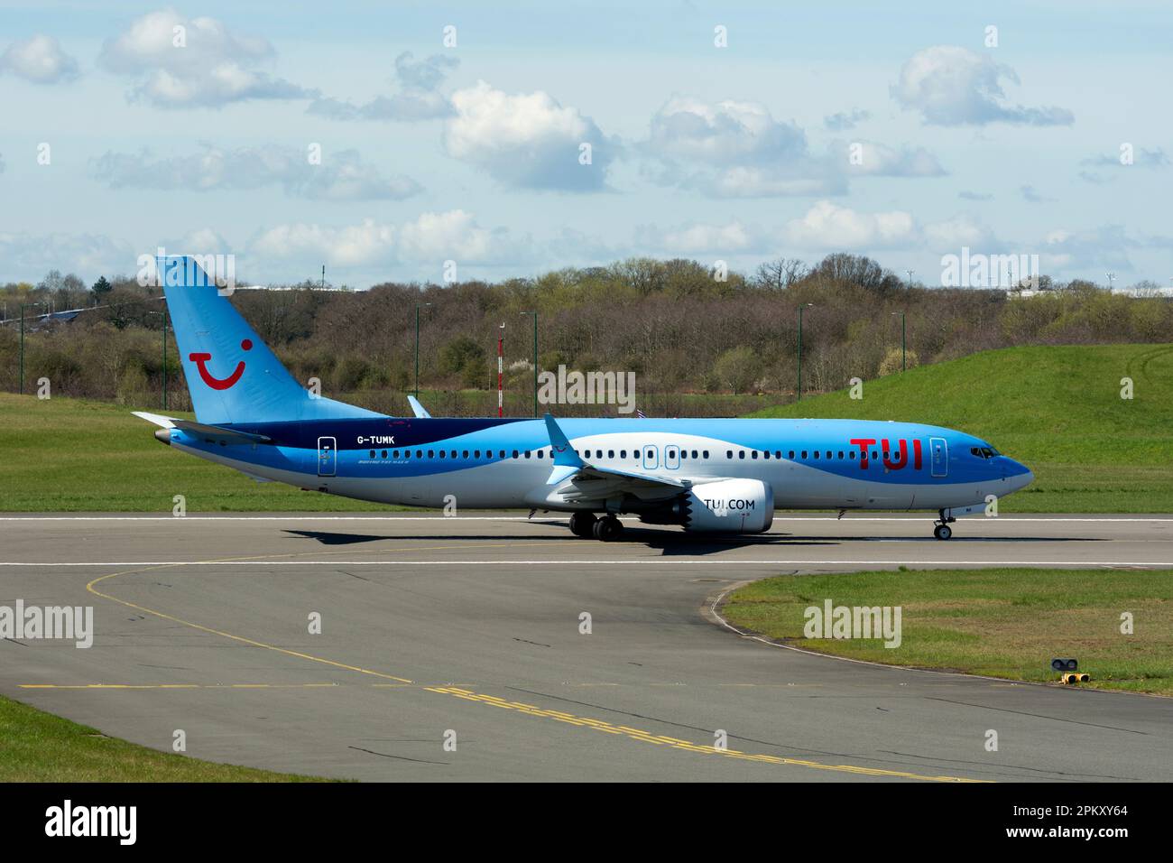 Tui Boeing 737-8MAX ready for take off at Birmingham Airport, UK (G ...