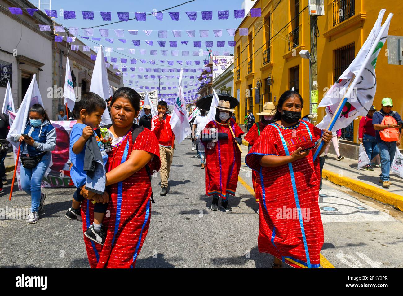 Indigenous people belonging a Union protest in Oaxaca city Mexico. Oaxaca is known as a hub for social justice and activism . Stock Photo