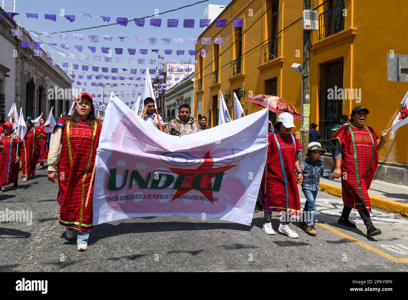 Indigenous people belonging a Union protest in Oaxaca city Mexico. Oaxaca is known as a hub for social justice and activism . Stock Photo