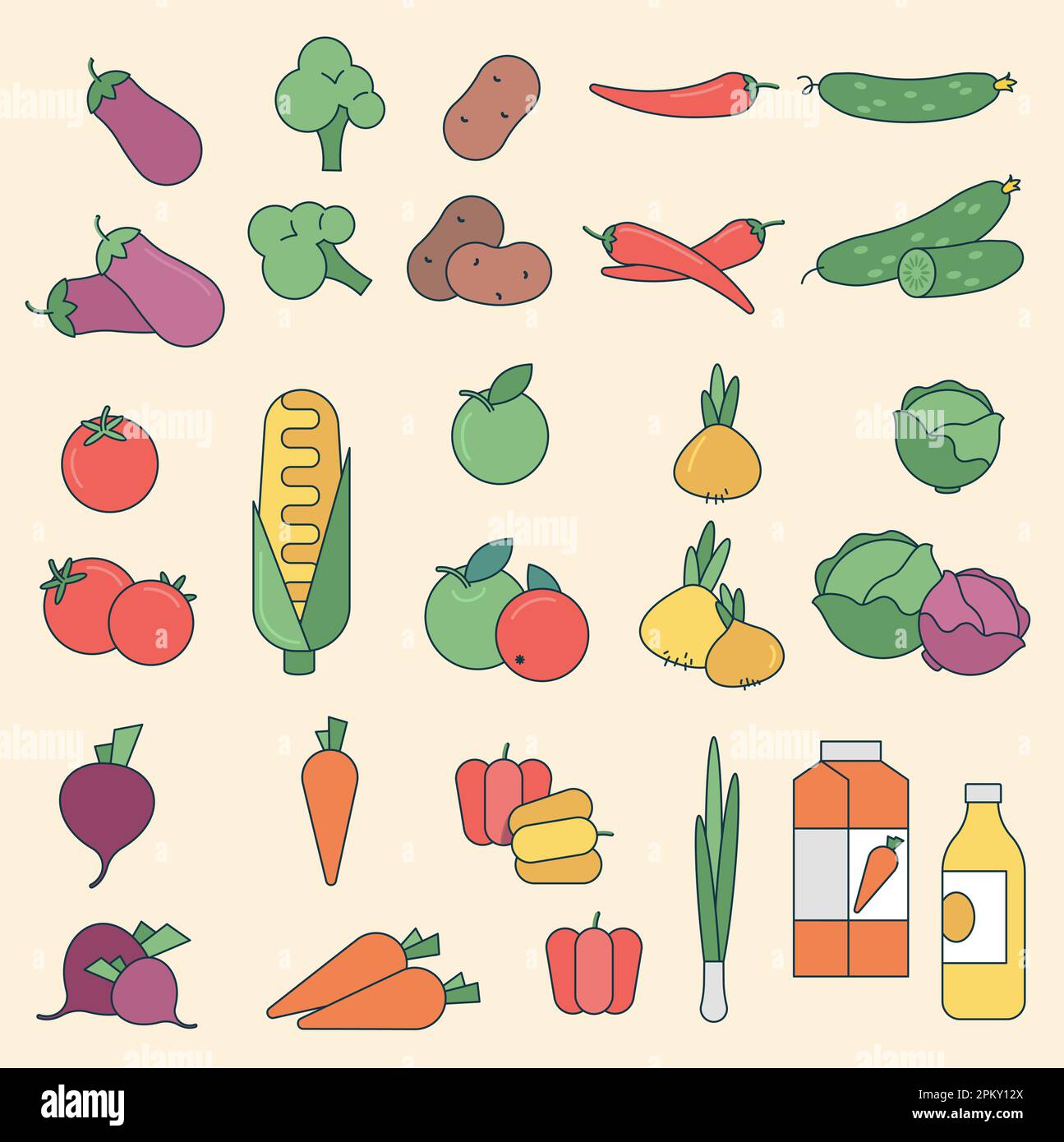 Vegetable thin line color design element set. Stock Vector