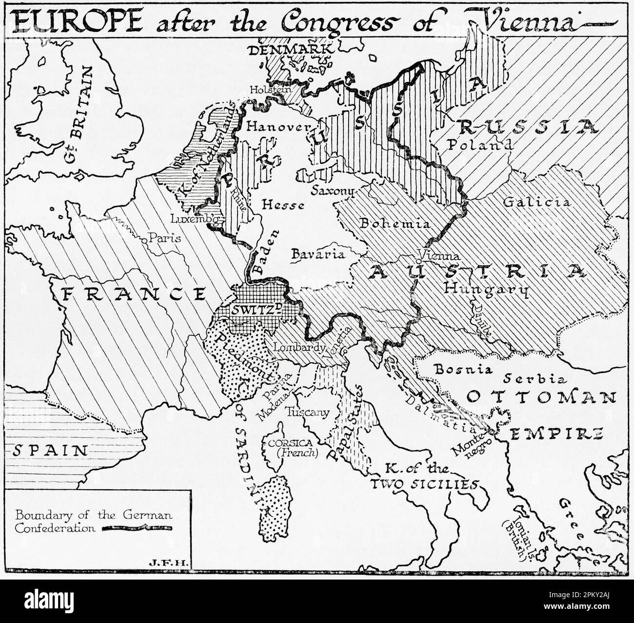 Map of Europe after the Congress of Vienna, 1814-1815.  From the book Outline of History by H.G. Wells, published 1920. Stock Photo